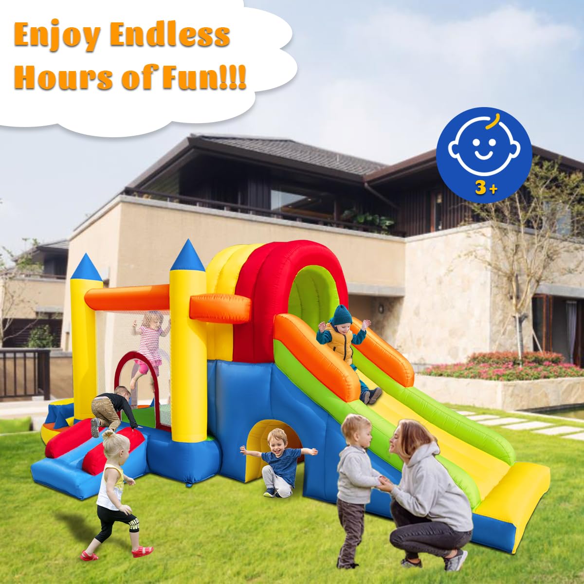 Hongcoral Inflatable Bounce House, 8 in 1 Large Bounce Castle with Blower for Kids and Toddlers, Outdoor Indoor Backyard Inflatable Bouncers with Two Slides