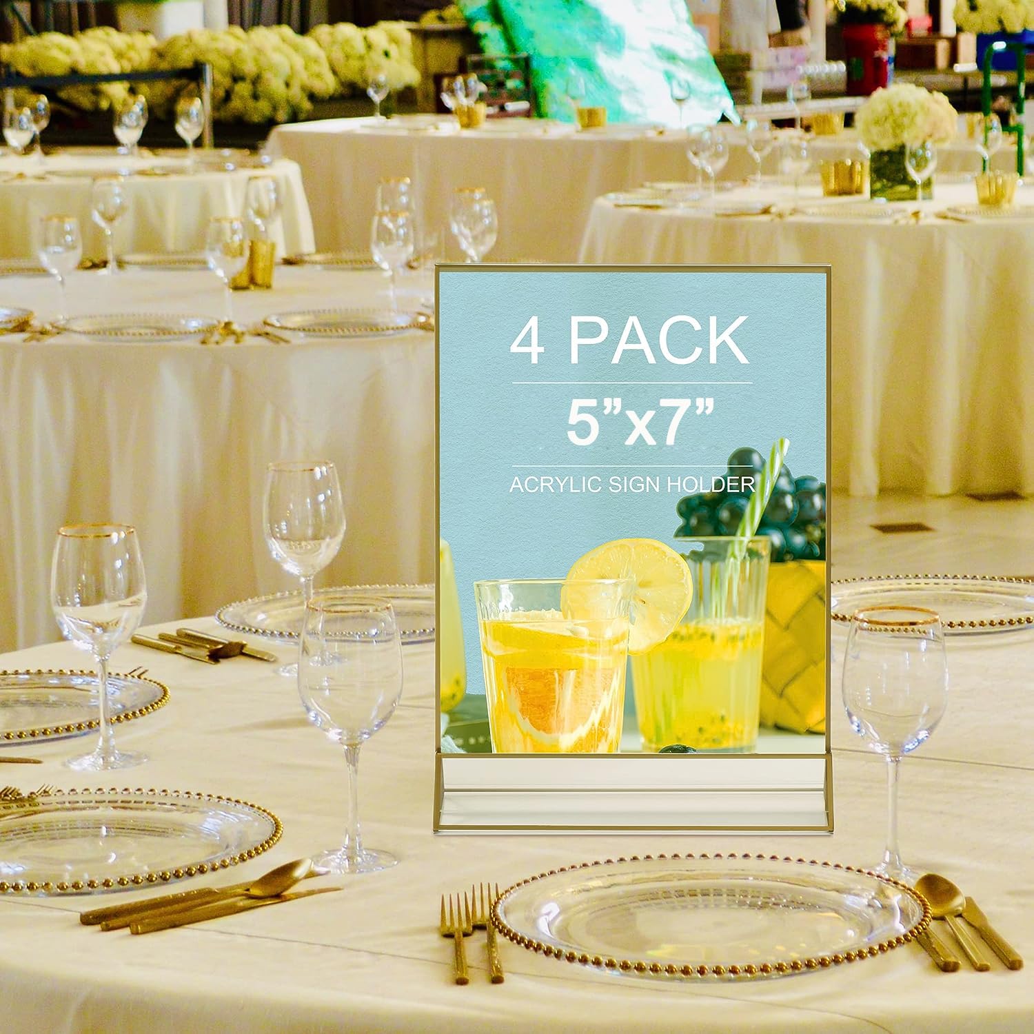 VORIOB Acrylic Sign Holder 5X7 Gold Frames,Clear Sign Holder,Table Sign Holder for Wedding Table Numbers Art Display 4Pack