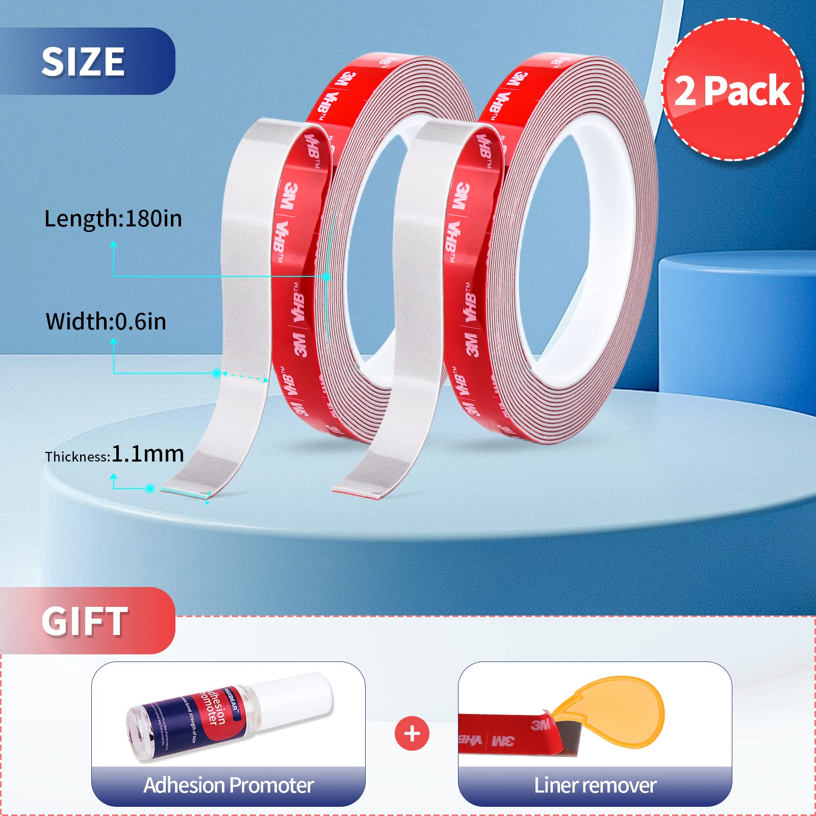 PHIXBEAR Super Strong Adhesion, Heavy Duty Double Sided Tape, Waterproof for Indoor & Outdoor Use, Multipurpose Automotive Wall Mounting Foam Adhesive (0.6in×30ft), 2 Rolls