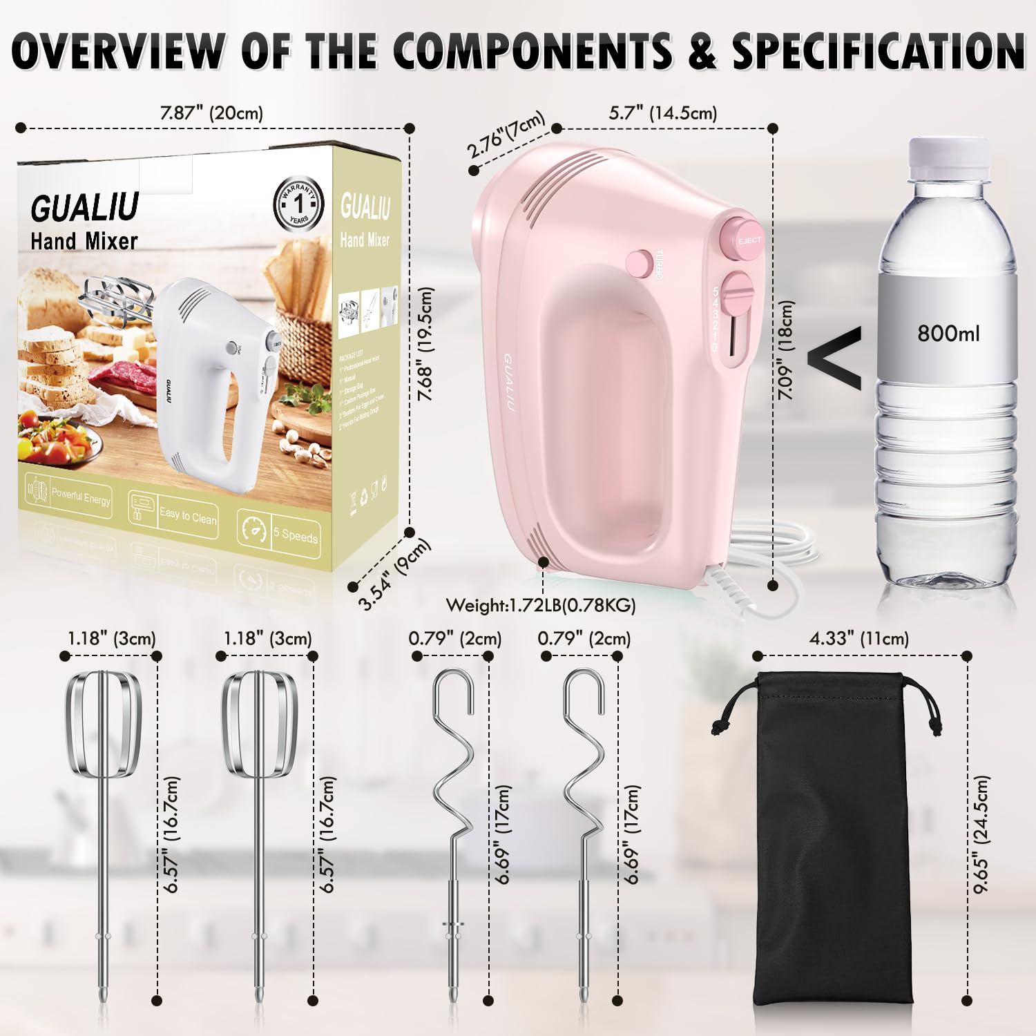 GUALIU Electric Hand Mixer with Stainless Steel Whisk, Dough Hook Attachment and Storage Bag, Handheld Mixer for Baking Cakes, Eggs, Cream Food Mixers. Turbo Boost /5 Speed Kitchen Blender PINK