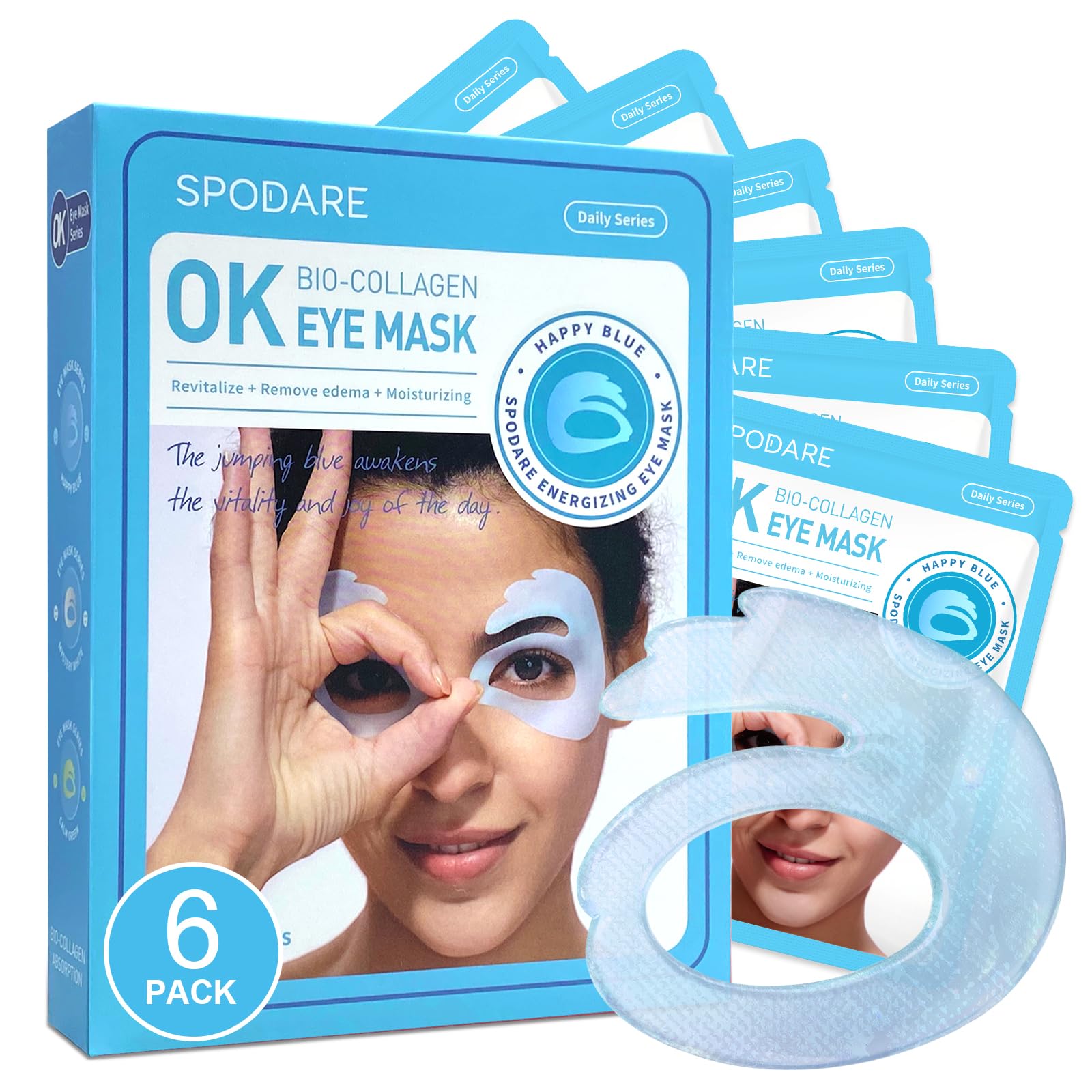 SPODARE OK Shape Eye Masks, 360° Fit Under Eye Patches with Retinol and Collagen, Firming & Hydrating Eye Mask for Wrinkles and Puffy Eyes, Self Care Gifts for Women - 6 Pairs, Happy Blue