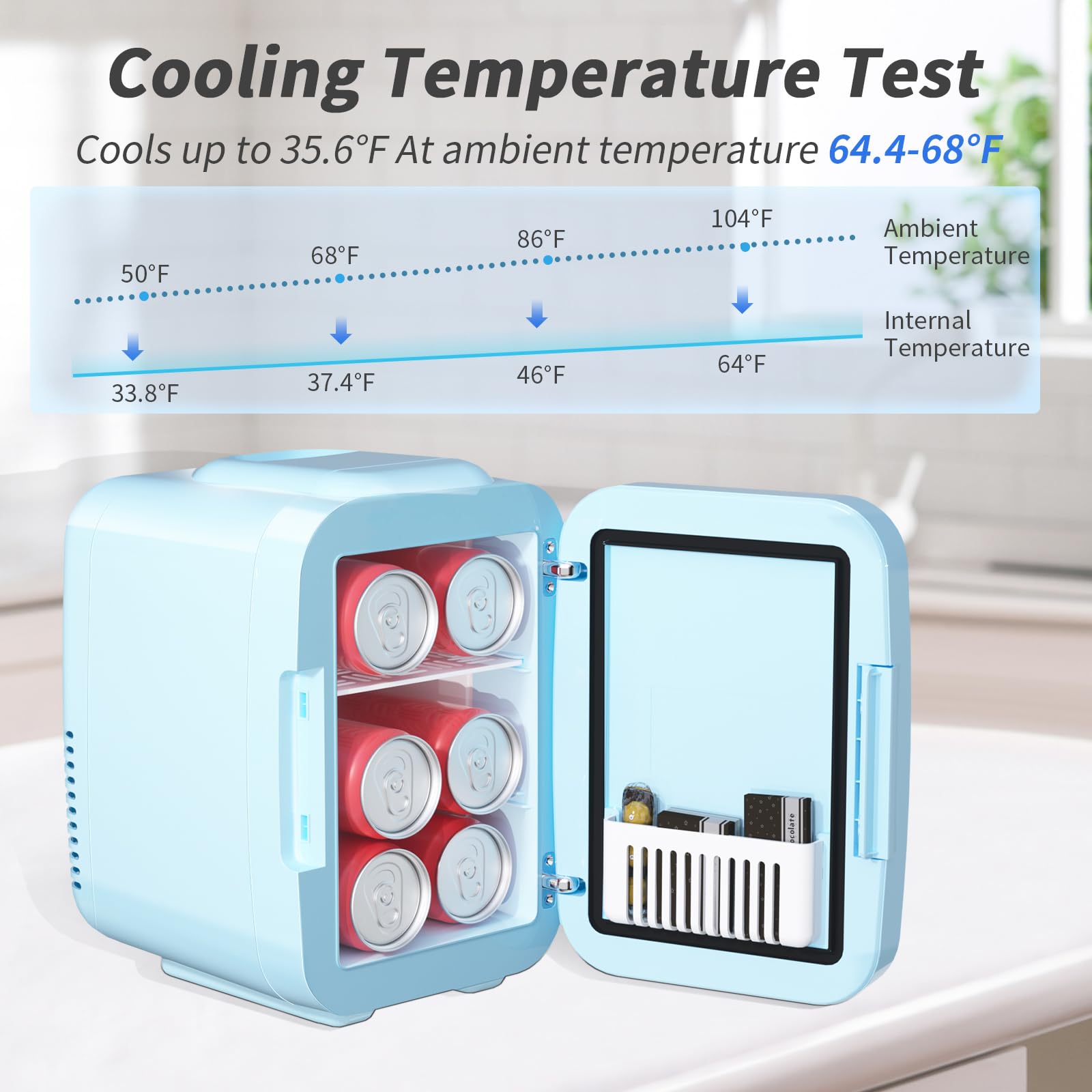 YASHE Mini Skincare Fridge with Dimmable LED Mirror, 4Liter/6 Cans Cooler and Warmer for Makeup, Cosmetic, Beauty, Food, Portable Small Refrigerator for Bedroom, Vanity, Office and Car- Blue