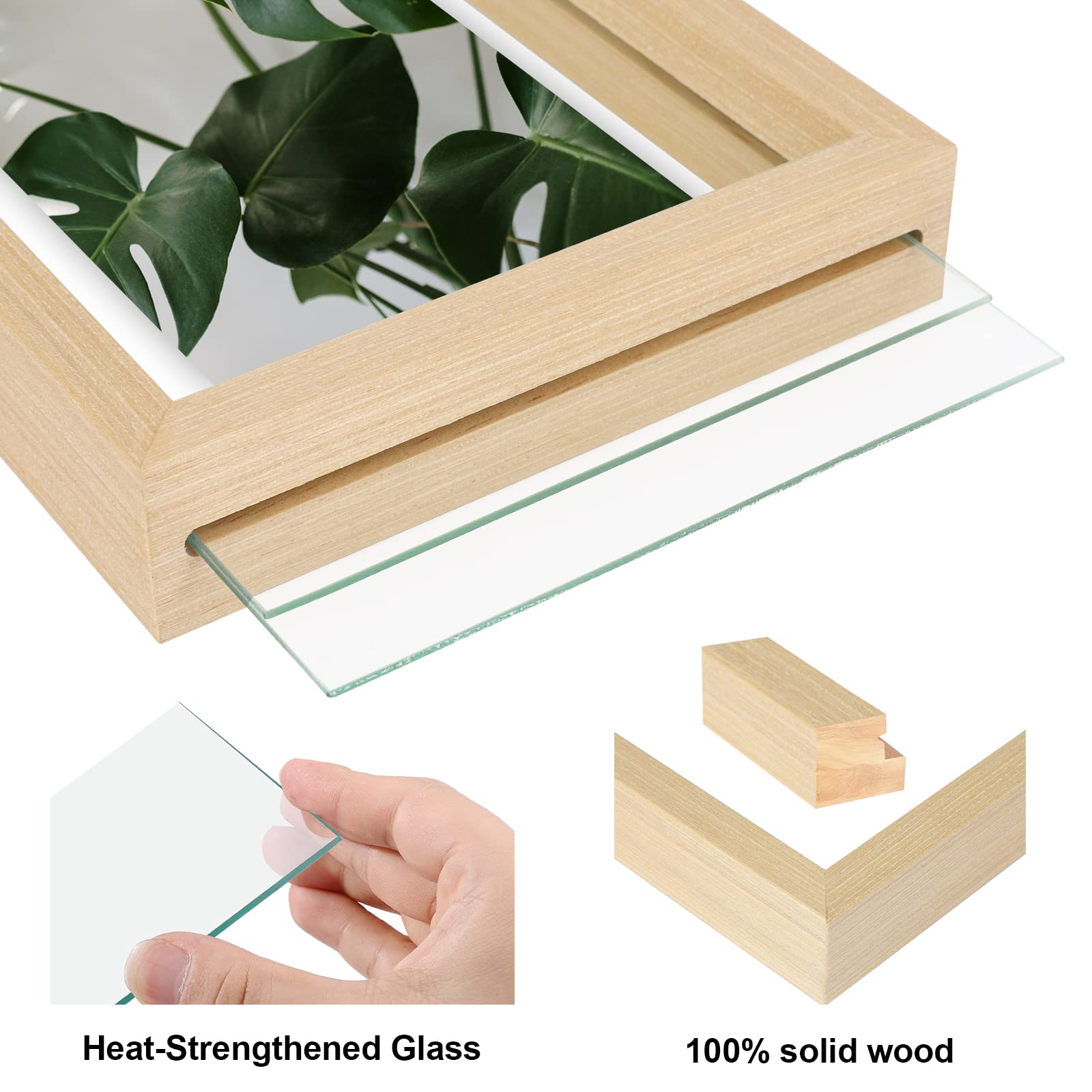 Egofine 5x7 Floating Frames Set of 2, Double Glass Picture Frame, Made of Solid Wood Display Any Size Photo up to 5x7, Wall Mount or Tabletop Standing, Natural Wood