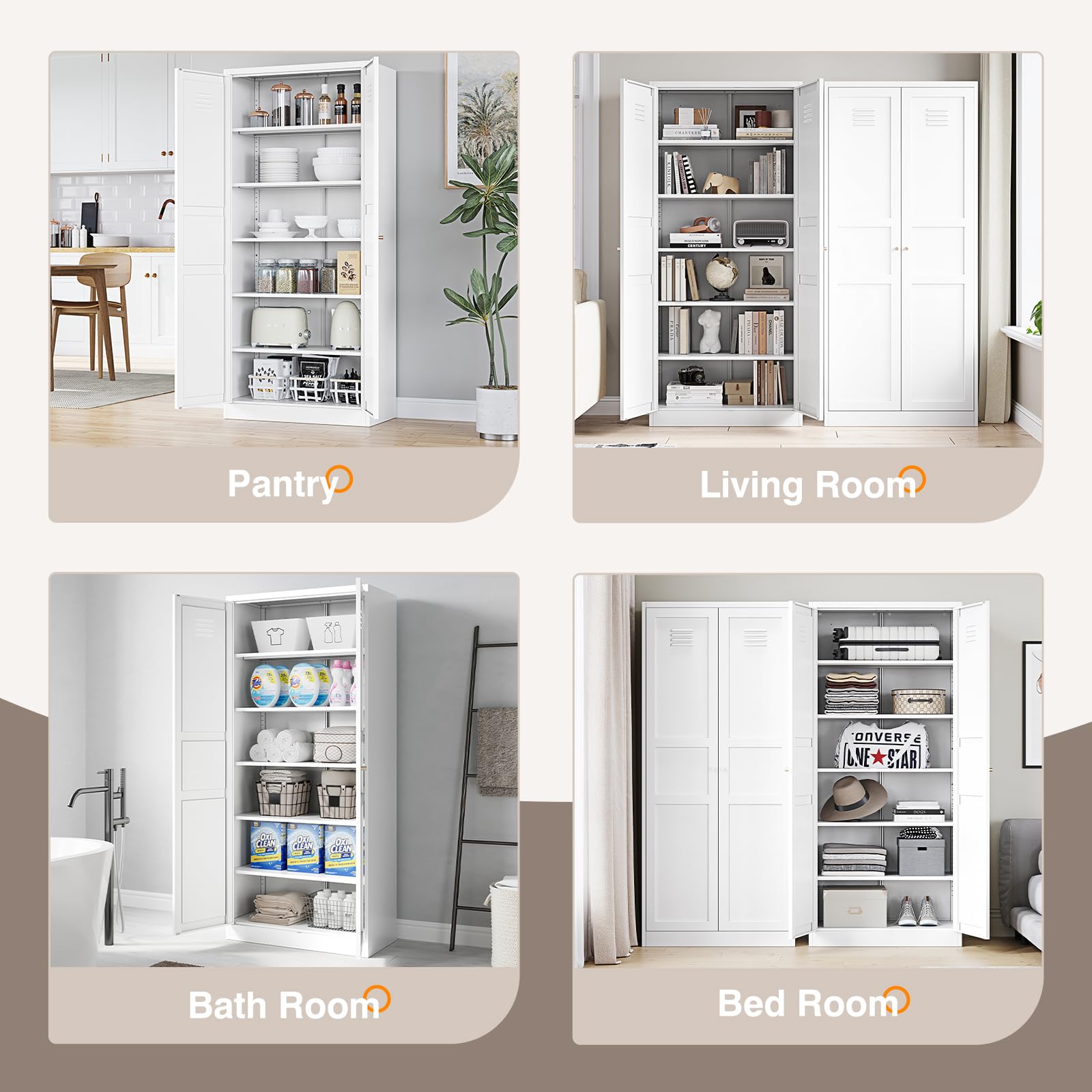 Yizosh Metal Storage Cabinet - 71" White Kitchen Pantry with 2 Doors and 5 Adjustable Shelves, 5-Tier Tall Steel Locker for Living Room, Dining Room