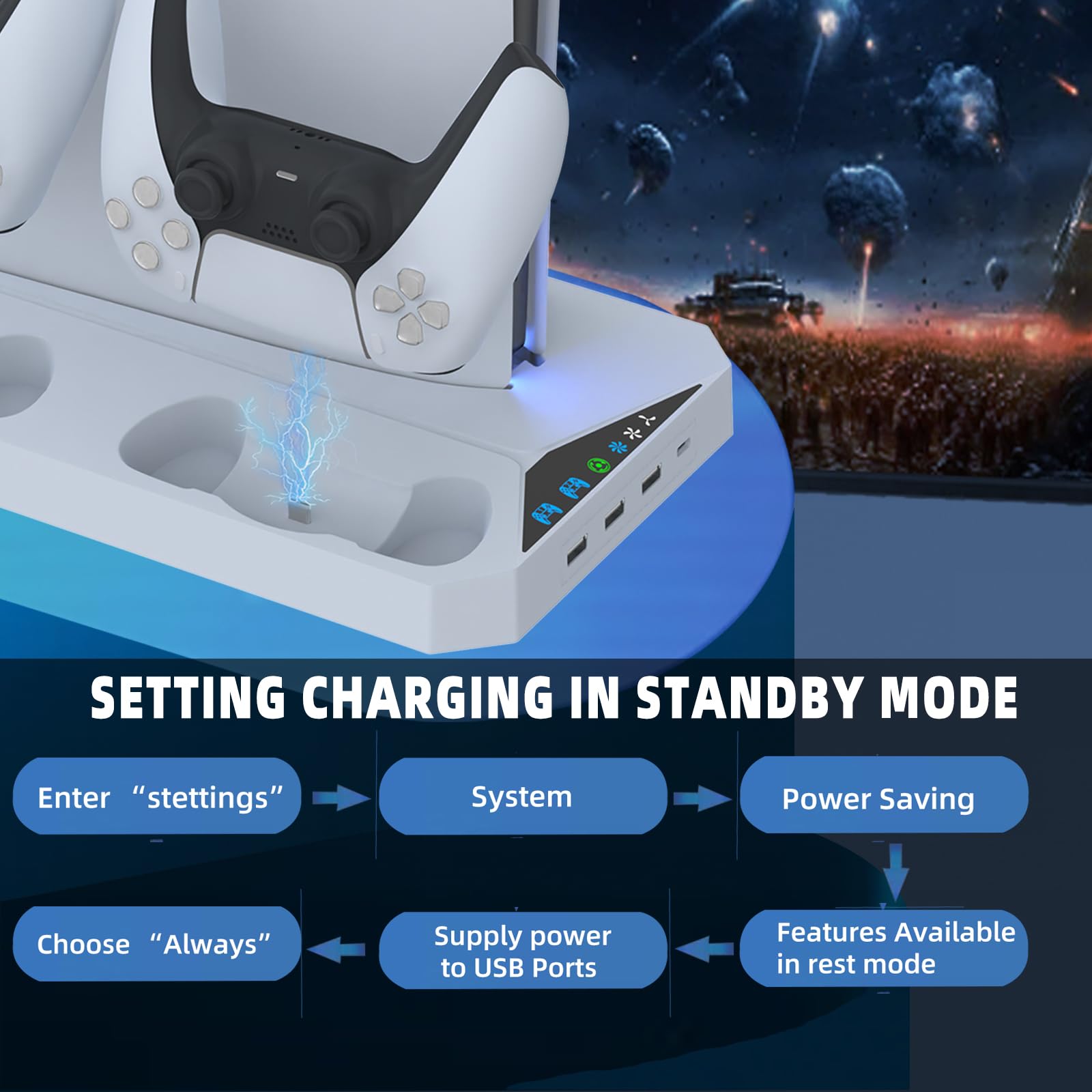 PS5 Slim Stand and Cooling Station with Dual Controller Charging Station for PlayStation 5 Slim Disc/Digital, Vertical Cooling Stand with 2 Headset Holder, 3 USB Hubs(Not for Regular PS5)