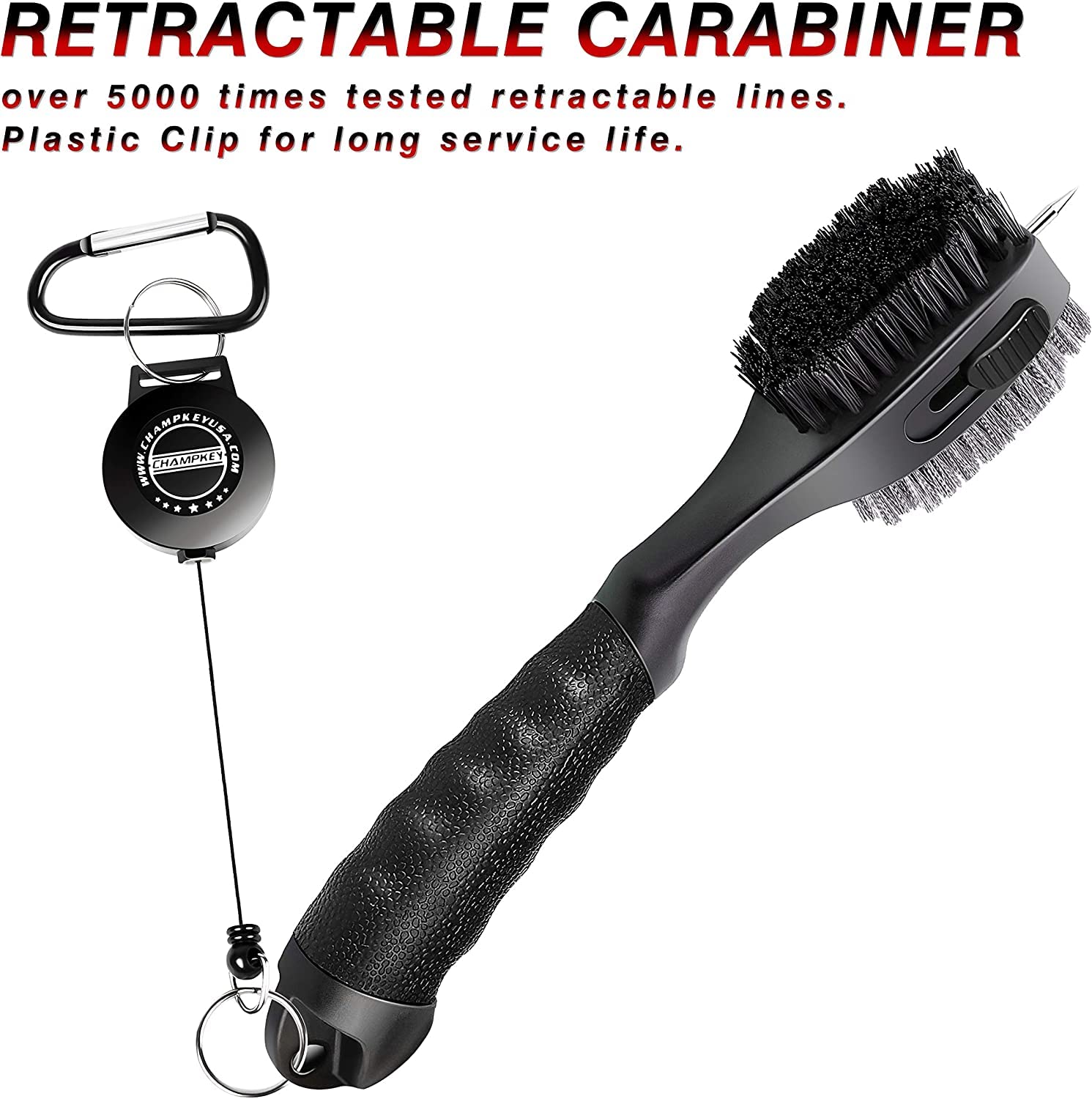 CHAMPKEY PRO Retractable Golf Club Brush | Oversized Brush Head with Soft Rubber Hand Grip & Retractable Groove Cleaner Golf Brush (Black 2 Pcs)