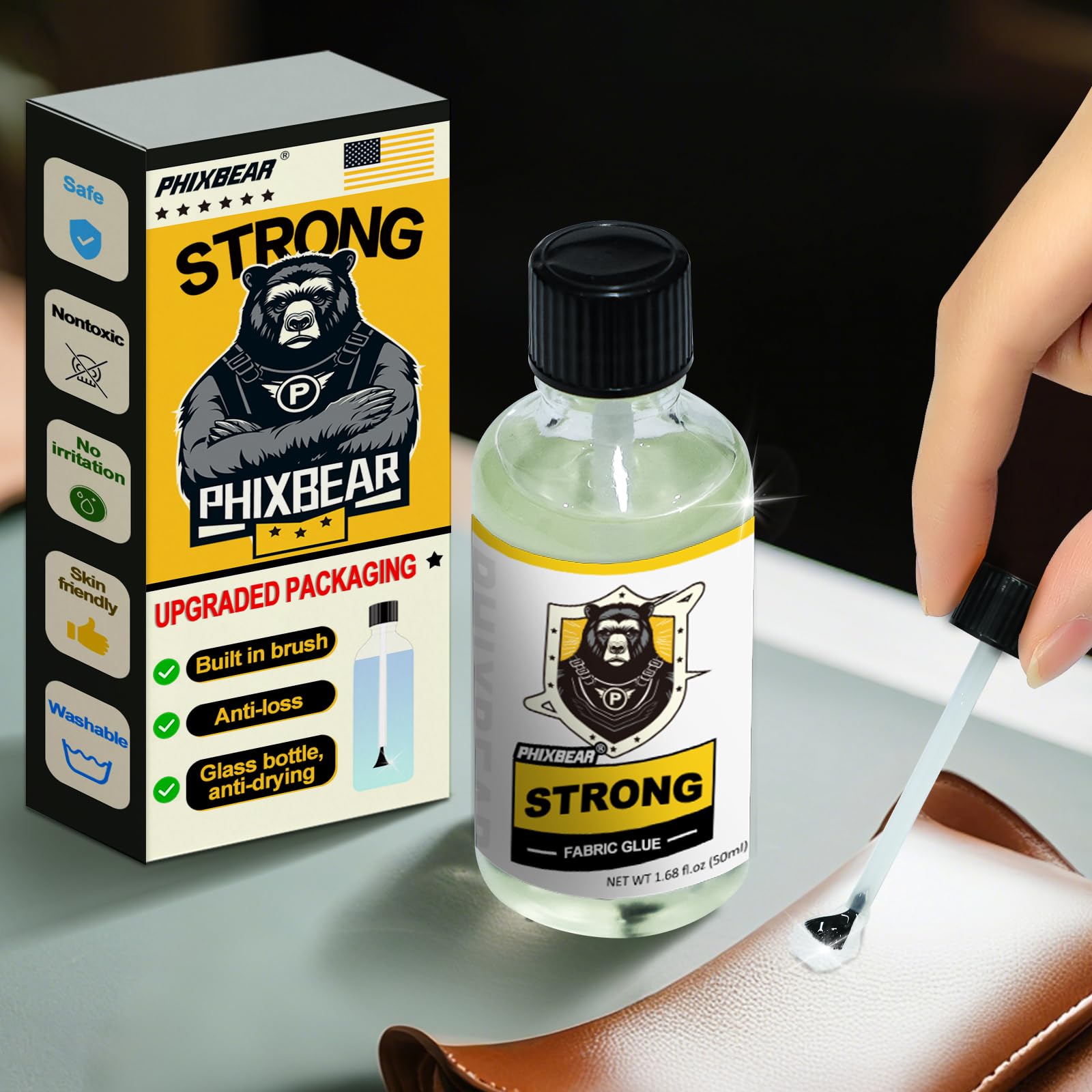 PHIXBEAR Mighty Fabric Glue Permanent in Glass Bottle with Brush, Waterproof Washable Liquid Stitch Fabric Glue, Safe, No Irritation. for Repair Clothes, Leather, Patches(1.68 fl.oz 50ml)