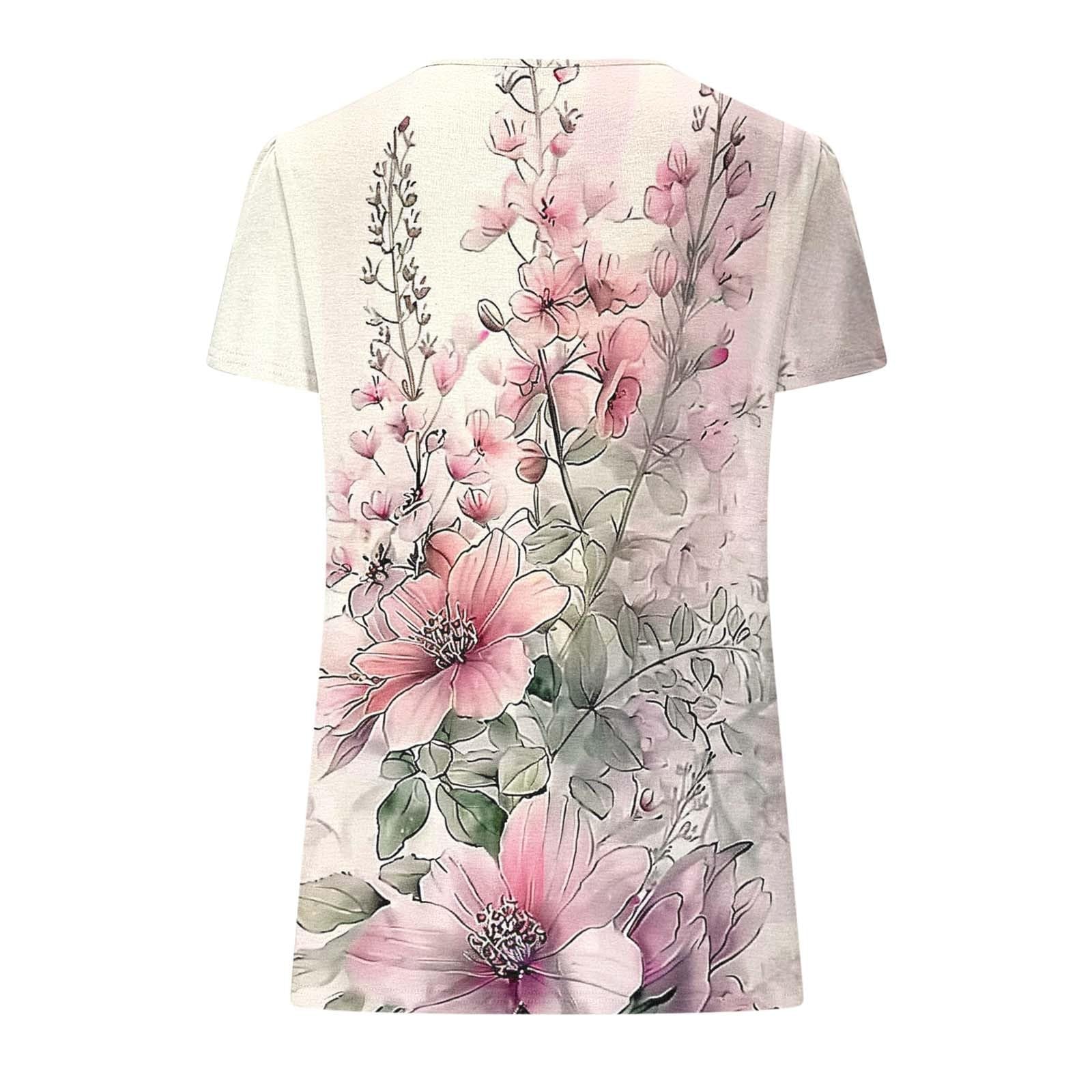 Summer Tops for Women Dressy Casual Boho Floral Short Petal Sleeve Tunic Shirts Pleated Button V Neck Henley Blouses Pink Corset Tops for Women L