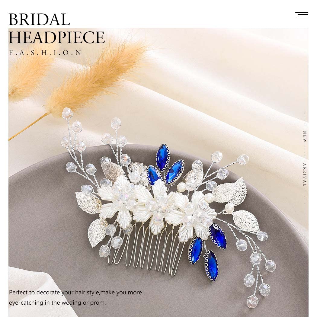 Jeairts Blue Rhinestone Wedding Hair Comb Silver Flower Bridal Hair Pieces Leaf Wedding Headpiece Hair Dress Crystal Bridal Hair Accessories for Women and Girls