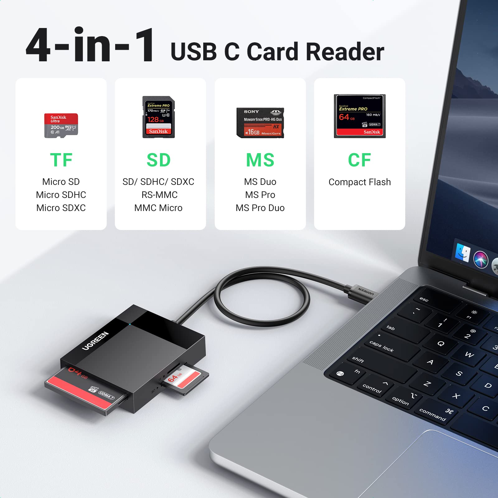 UGREEN USB C SD Card Reader 4-in-1 Memory Card Adapter External SD Micro SD MS CF Compact Flash Camera Card Reader Compatible with iPhone 15, Trail Camera, MacBook, iPad