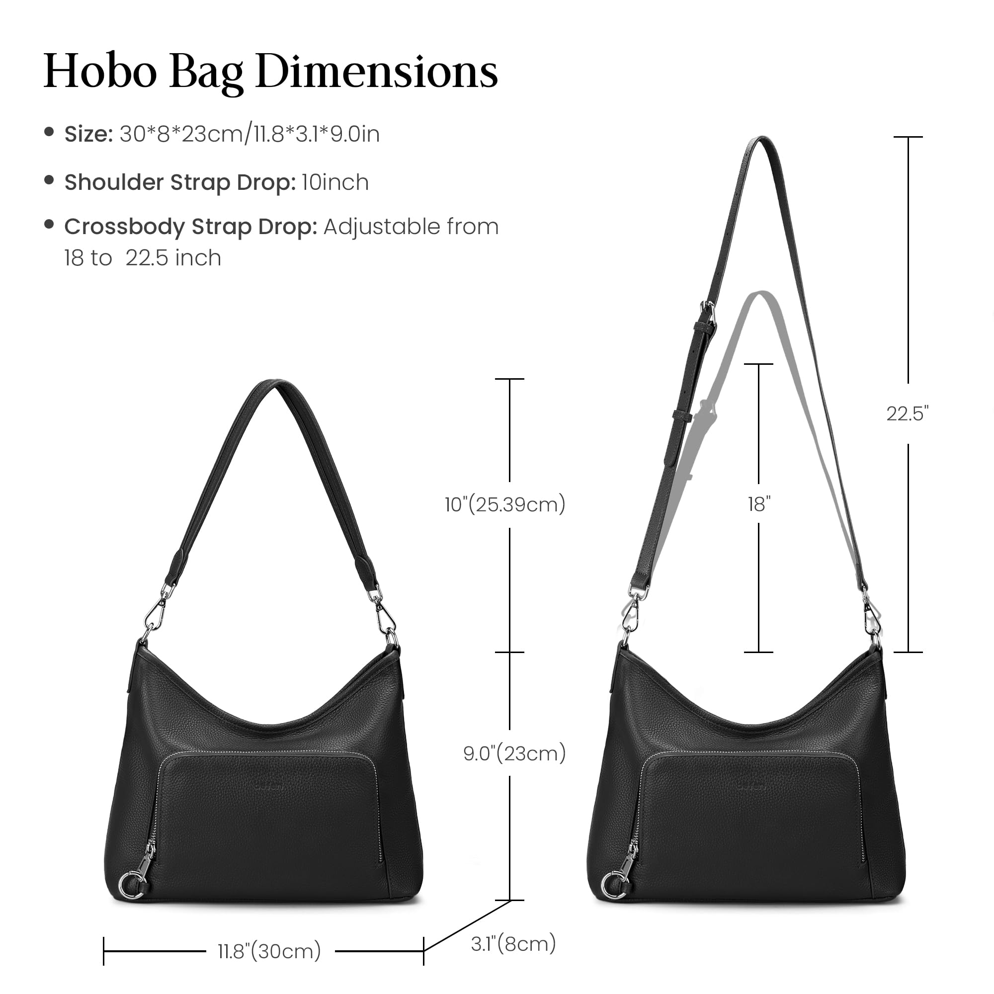 befen Genuine Leather Hobo Bag Purses for Women, Anti Theft Built in RFID Wallet Crossbody Bag Purses, Soft Real Women's Shoulder bag Handbags with 2 Adjustable Shoulder Straps and 4 Zippers,Black