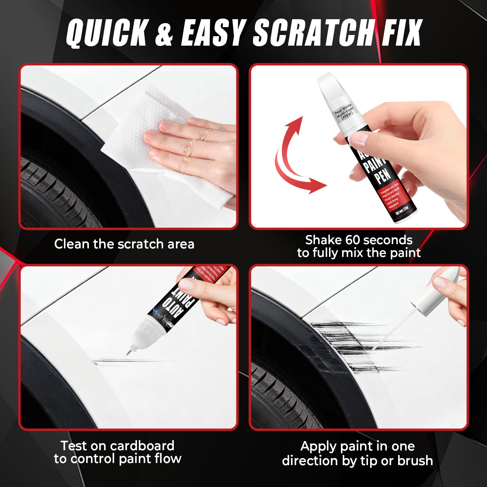 Touch Up Paint for Cars (Pearl White Multi-Coat PPSW), Compatible with Tesla Model Y/3/X/S, 0.4 fl oz Color Accurate 2-in-1 Car Paint Scratch Repair Pen, Easy to Use, Fast-Drying, Long-Lasting