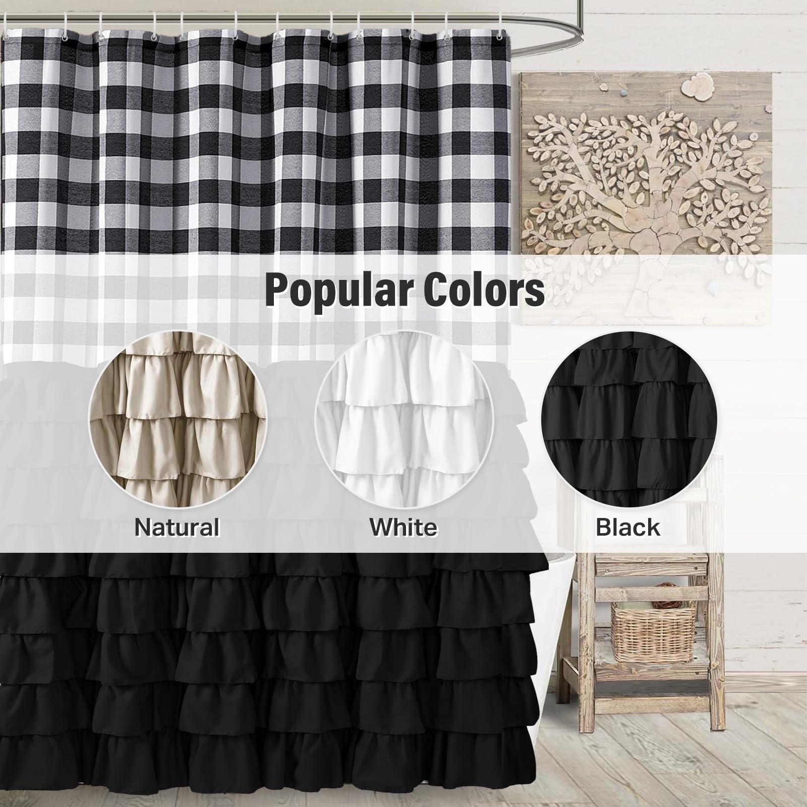 Seasonwood Black Farmhouse Shower Curtain Set with 12 Hooks 72 X 72inch Black and White Buffalo Plaid Pattern Fabric Shower Curtains with Buttons & Black Ruffles for Bathroom Bathtubs Decor