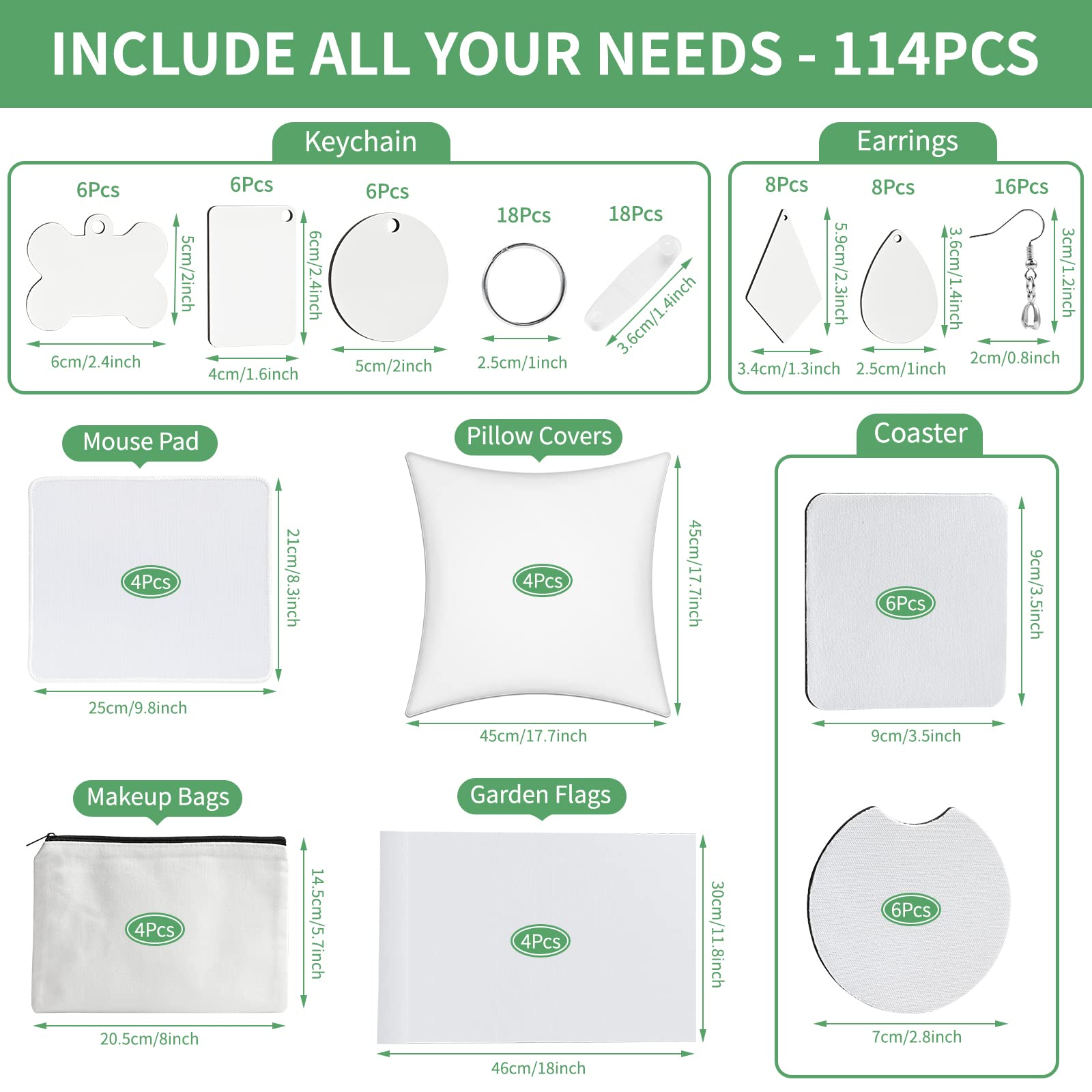 114Pcs Sublimation Blanks Products, Sublimation Blanks Set Including DIY Blank Makeup Bag, Keychain, Earring, Pillow Cover, Mouse Pad, Coaster, Garden Flag for Sublimation Transfer Heat Press Craft