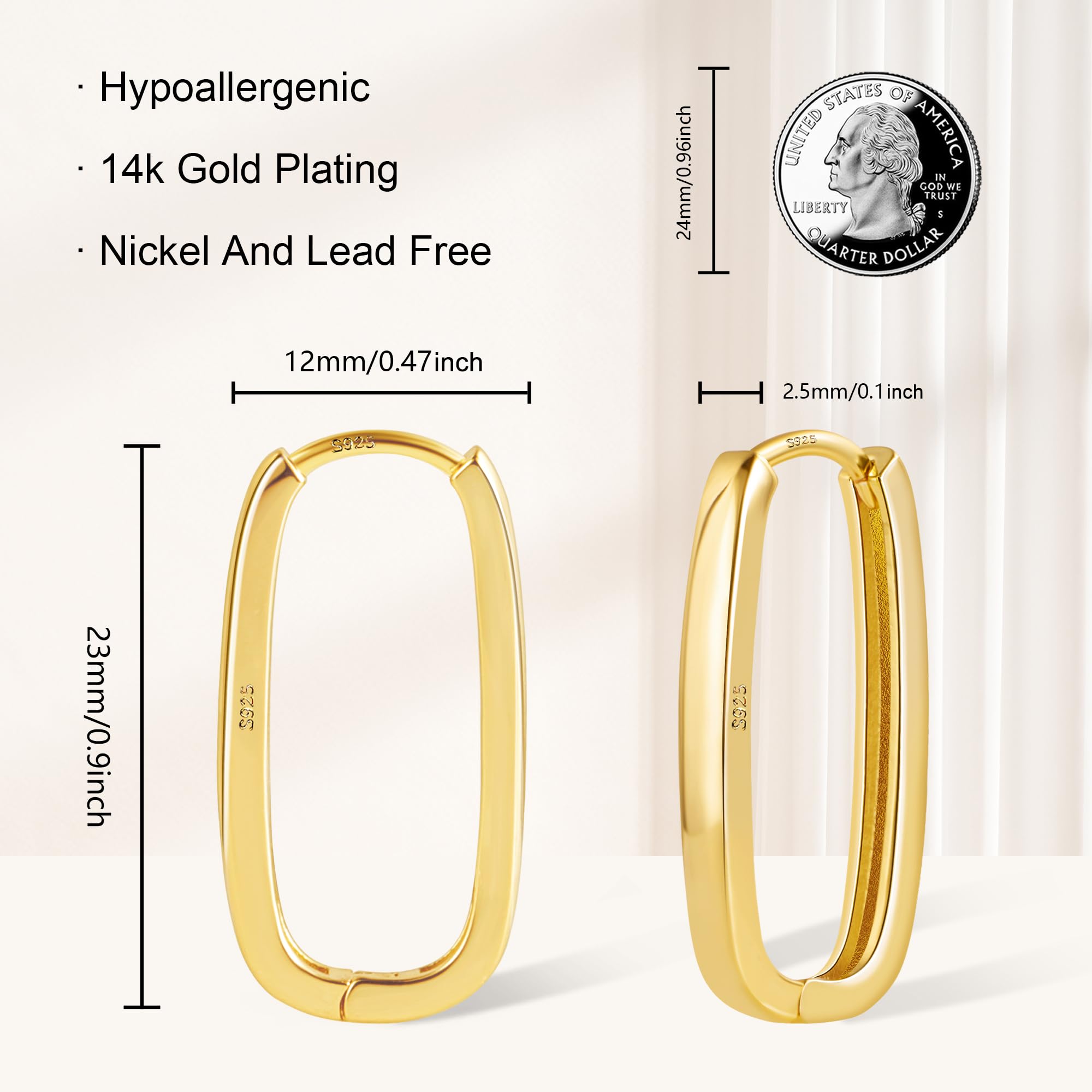 14K Gold Plated Sterling Silver Earrings Small Rectangle Hoop Earrings for Women Hypoallergenic Small Hoops Earring Gold Square Hoop Earrings for Women Trendy