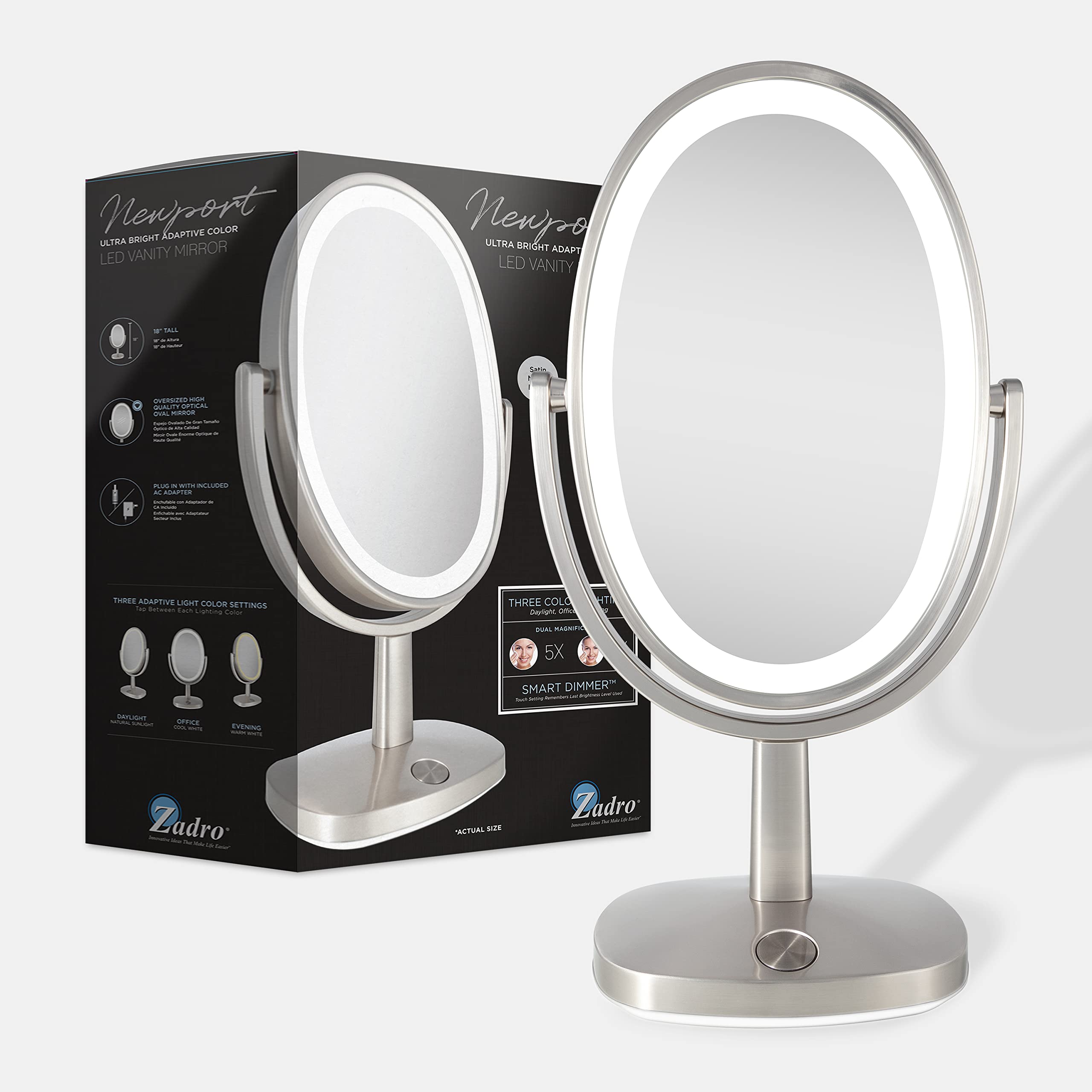 Zadro Newport 10" by 18" Oval LED Lighted Makeup Mirror with Magnification 5X/1X Touch Control Makeup Mirror with Lights