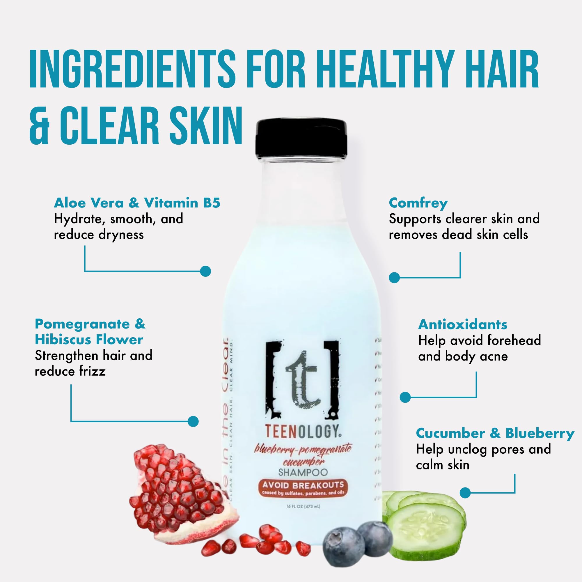Teenology Shampoo for Teens - Avoid Forehead and Body Breakouts - No Sulfates or Parabens, Noncomedogenic, Natural Botanical Extracts, 16 oz. (Blueberry Pomegranate Cucumber)