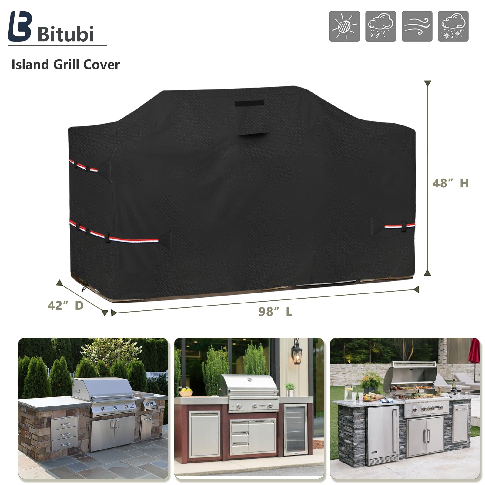 Bitubi 98 Inch Island Grill Cover - 600D Heavy Duty Waterproof All Weather Protection Extra Large Grill Cover,Black