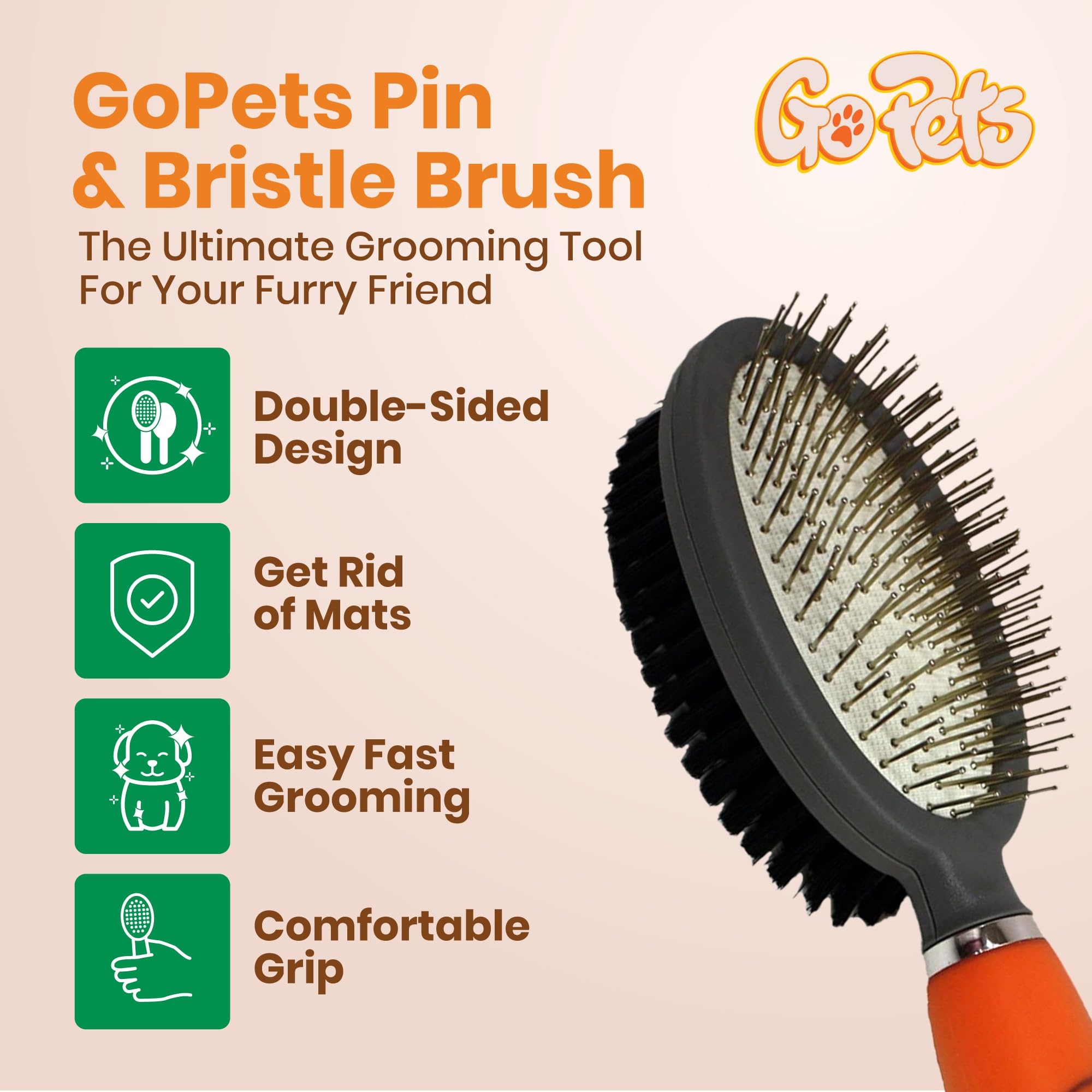 GoPets Double-Sided Pin & Bristle Brush, Dog Brush for Shedding, Undercoat Rake for Short & Long Hair, Cat Grooming Brush, Removes Mats, Dirt & Loose Fur, Promotes Healthy Coat, Ergonomic Handle