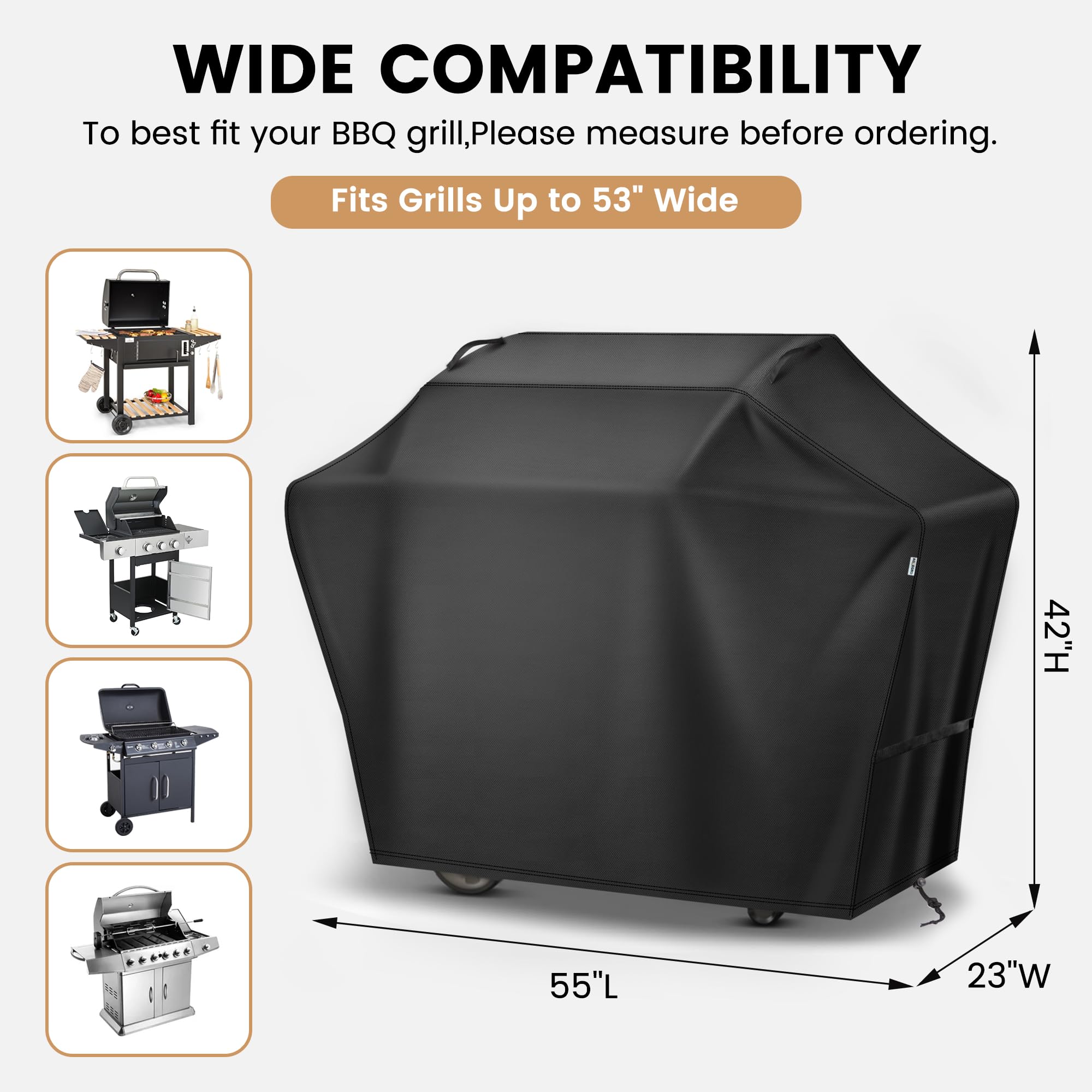Grill Cover 55 Inch for Outdoor Grill, Waterproof Fade Resistant Anti-UV Weather Resistant Barbeque Grill Cover for Griddle Outdoor, Ideal for Weber Nexgrill Charbroil Gas BBQ, Black