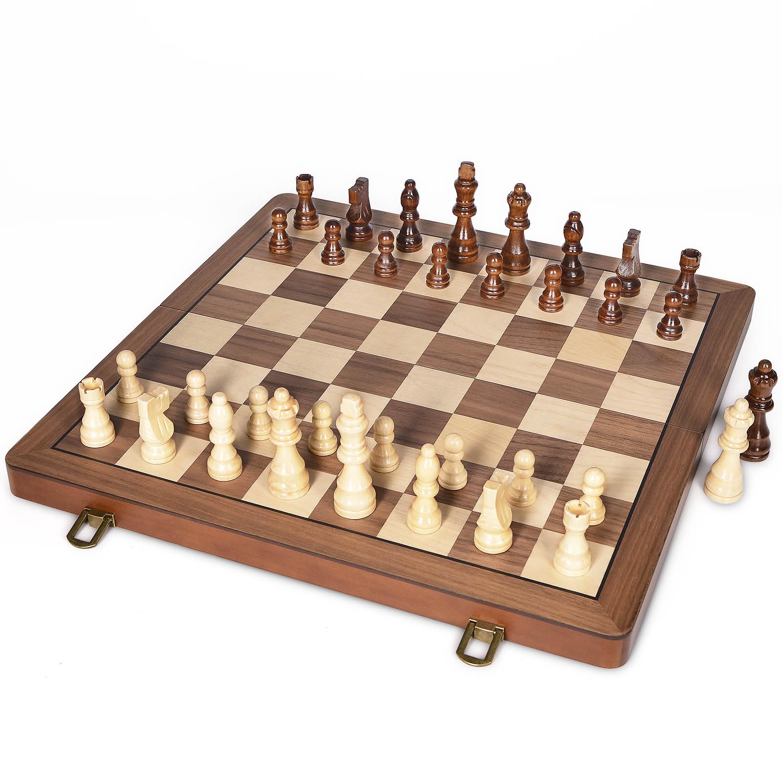 ELONGDI 15" Wooden Chess Set with Magnetic Pieces - Extra Queens - Folding Chessboard Portable Travel Tournament Chess Board Games for Adults Kids