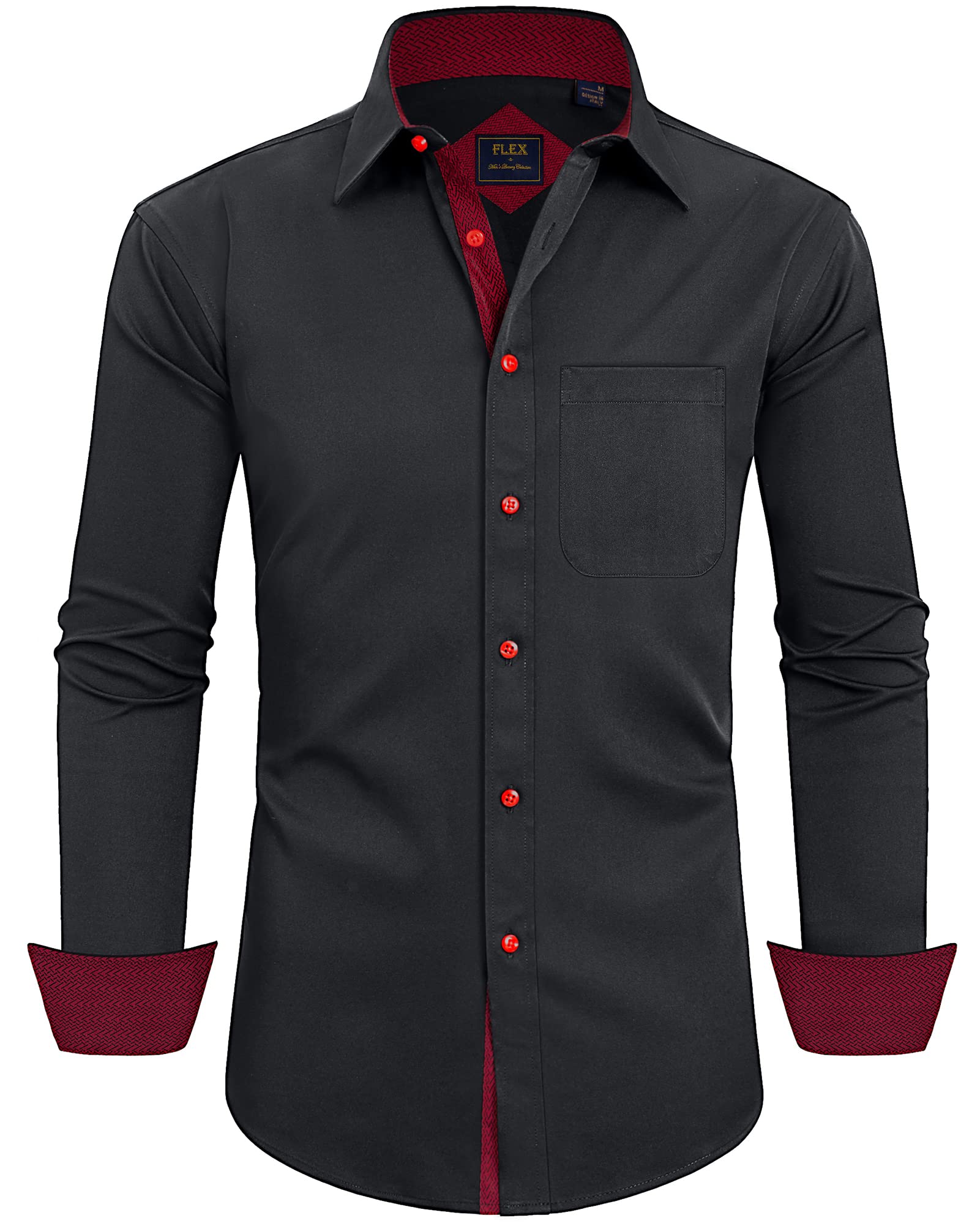 Alimens & Gentle Men's Button Down Shirts Long Sleeve Wrinkle-Resistant Regular Fit Dress Shirt, Color: Flex-Black&Red-Pocket, Size: Medium