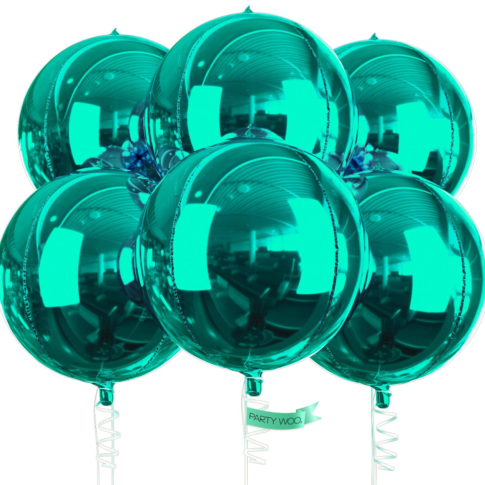 PartyWoo Dark Green Foil Balloons 6pcs 22 Inch Large Round Foil Big Giant Orbz 4D Jumbo Inflatable Mirror Ball Mylar Balloons for Baby Shower Wedding Safari Dinosaur Woodland Themed Party Decorations