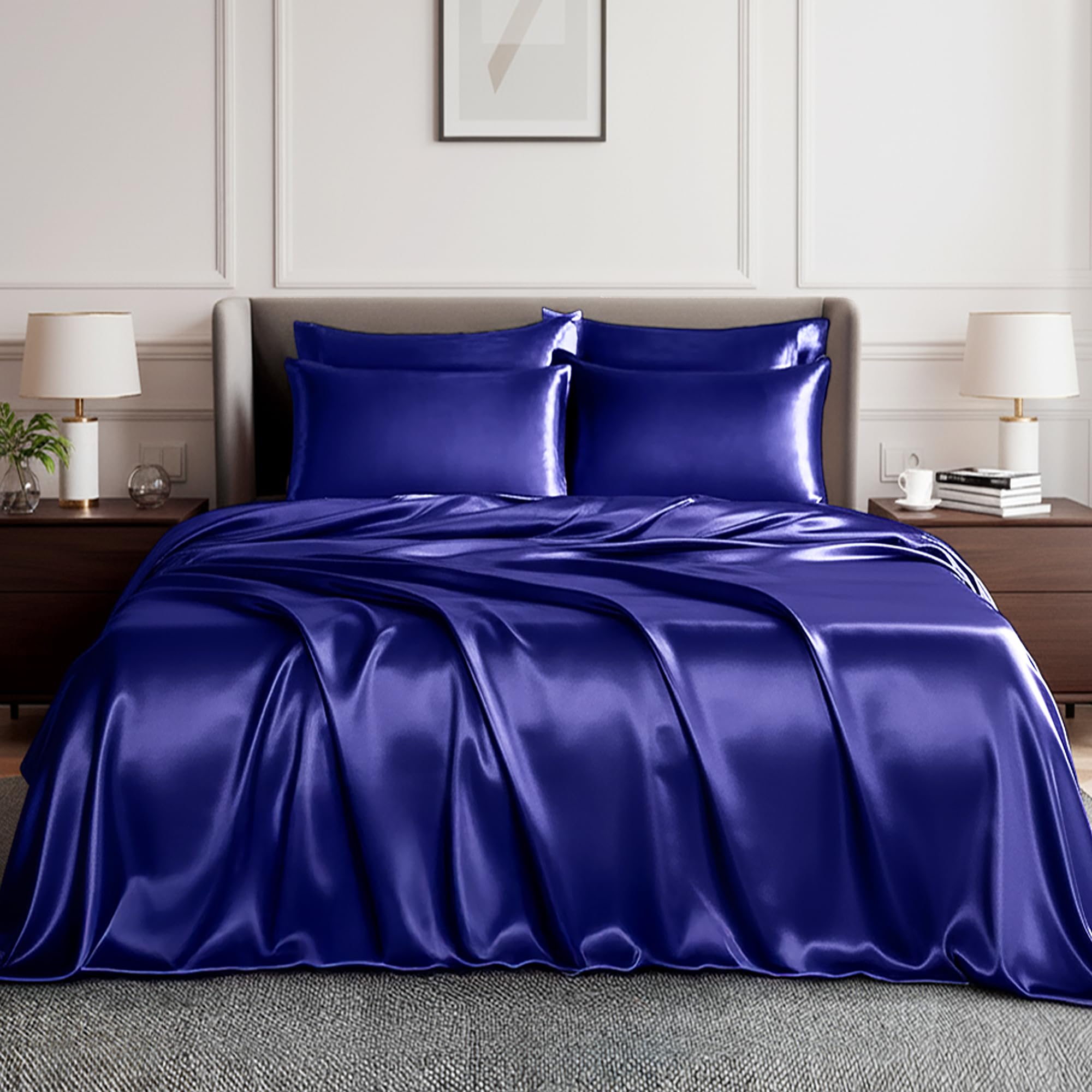 Seasonwood Twin Size Sheet Set Satin Sheets Navy Blue Microfiber Silk Bed Set of 3 with 1 Pillowcase