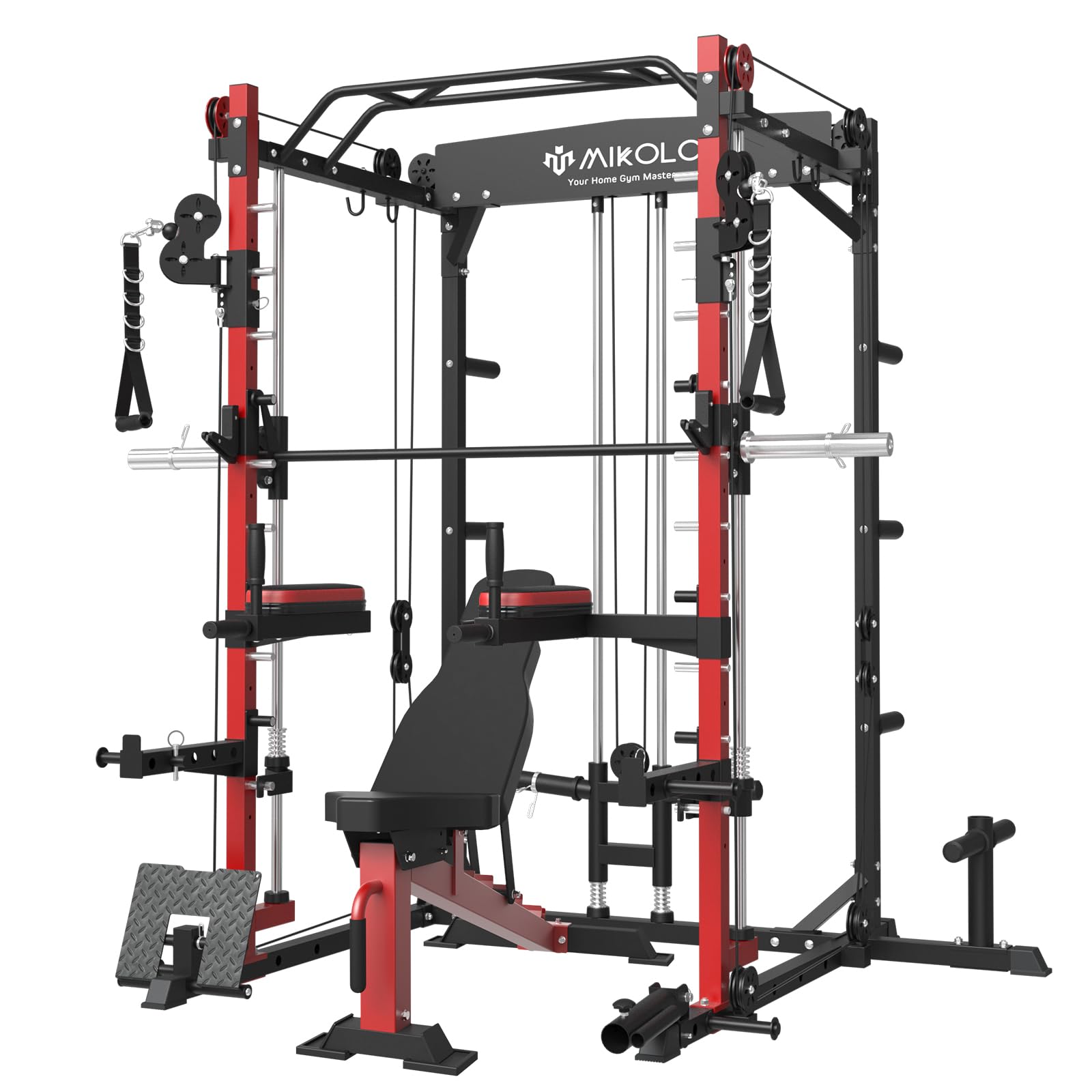 Mikolo Smith Machine with Weight Bench, Multifunction Power Cage and Cable Crossover, Workout Machine with Storage System, Band Pegs, Smith Bar and Other Attachments for Home Gym (Red & Red)