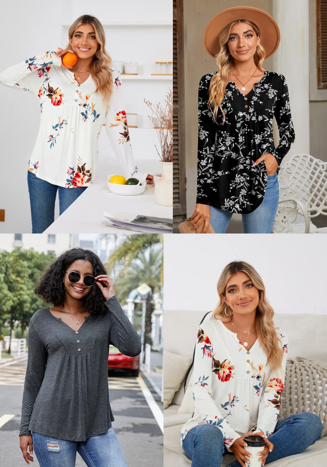 CATHY Womens Long Sleeve Tunic Tops Henley Shirt V-neck Button Down Blouse Casual Pleated Basic Pullover, L, Long Flower Multiple Orange