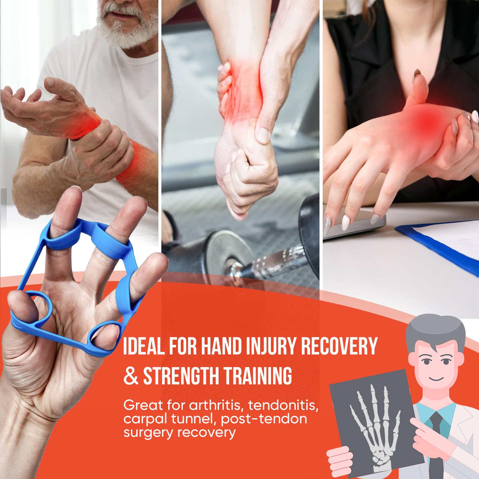 TEAWOO 6-Pack Grip Strength Trainer Kit, 3 Colors Forearm Strengthener & Hand Grip Strengthener, Finger Exerciser & Stretcher for Strength Training, Recovery & Flexibility