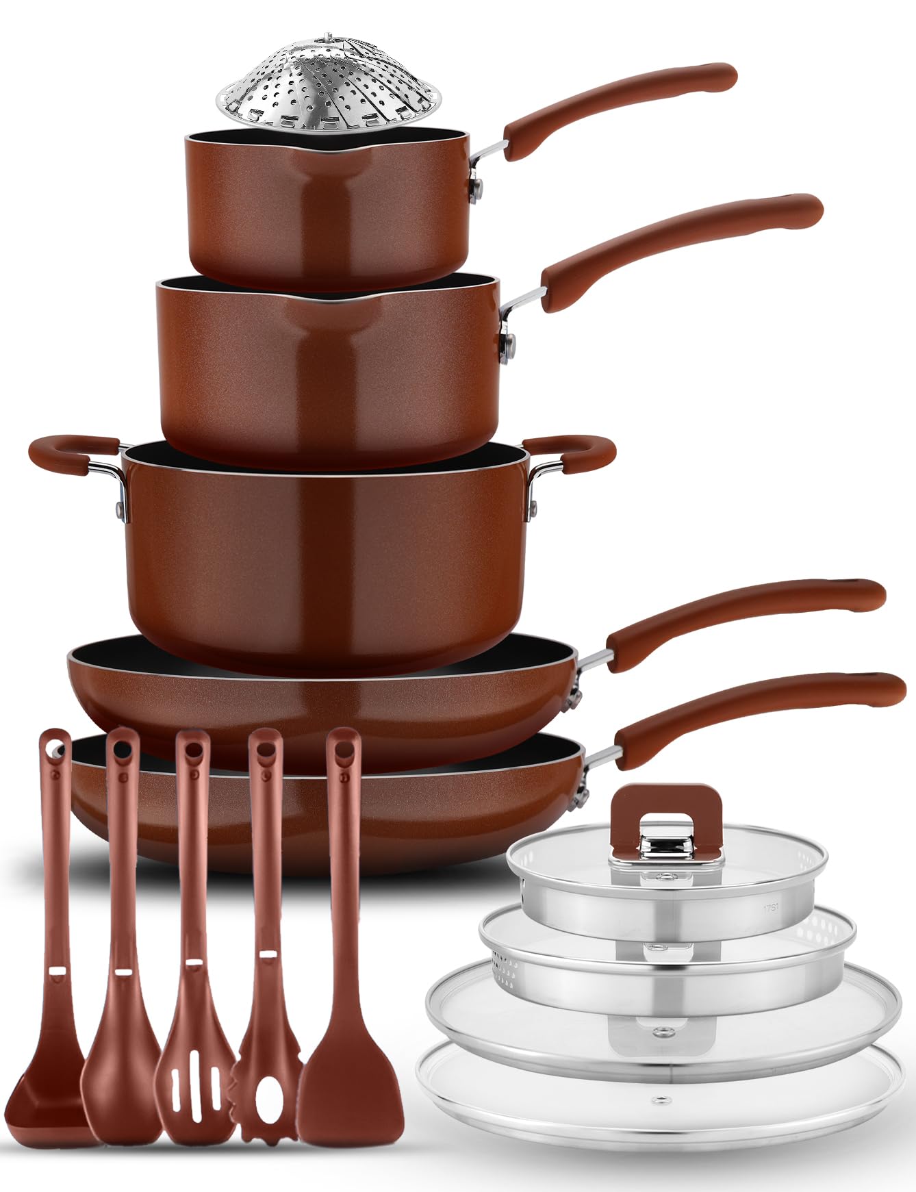 NutriChef Space Saver 17-Piece Nonstick Cookware Set - Brown Pots and Pans with Stackable Design, Foldable Handles, Induction Ready