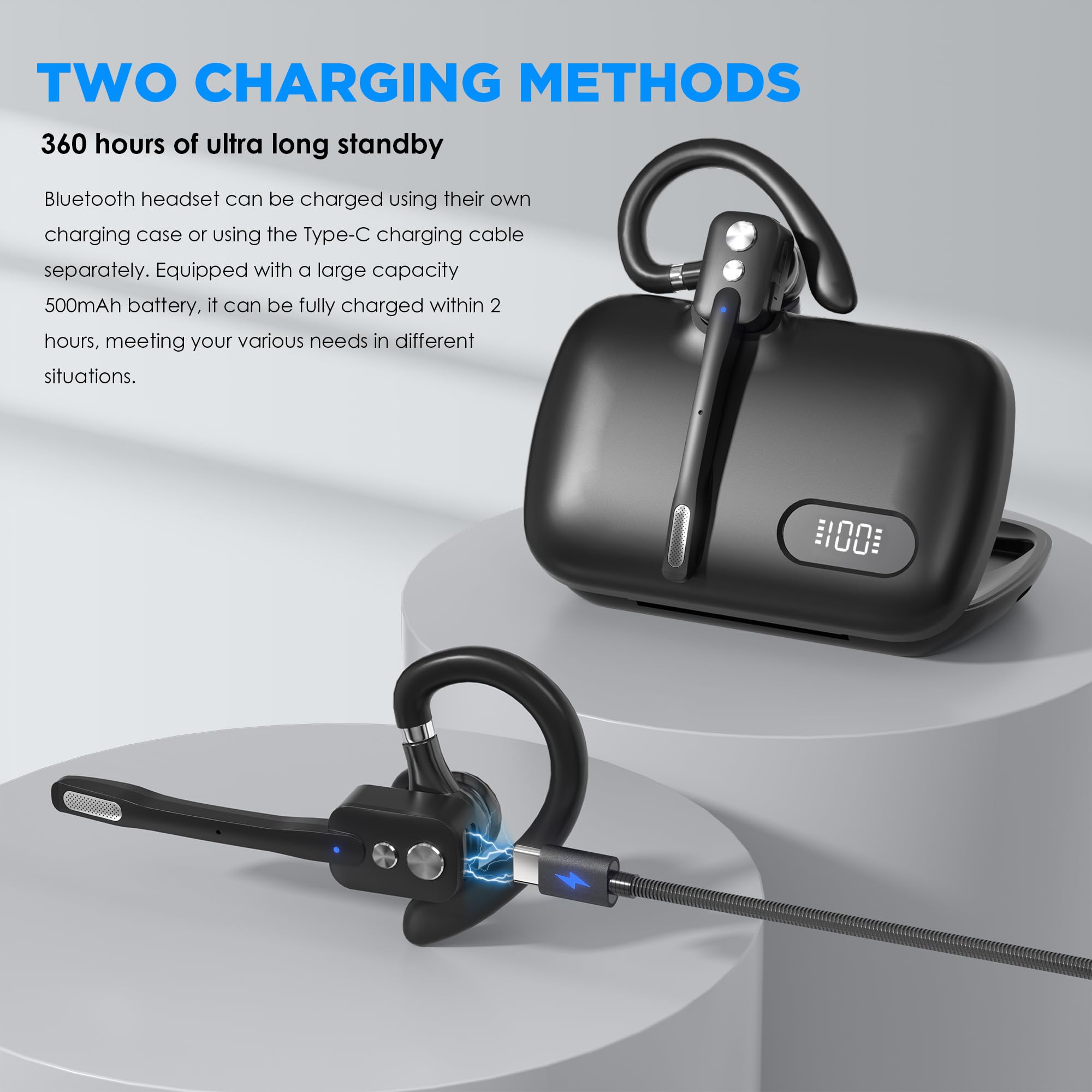 ICOMTOFIT Bluetooth Headset, Wireless Bluetooth Earpiece with Dual-Mic & Noise Canceling, V5.3 Hands-Free Single Ear Headset with Charging Case for Trucker, Office, Designed for Ergonomics