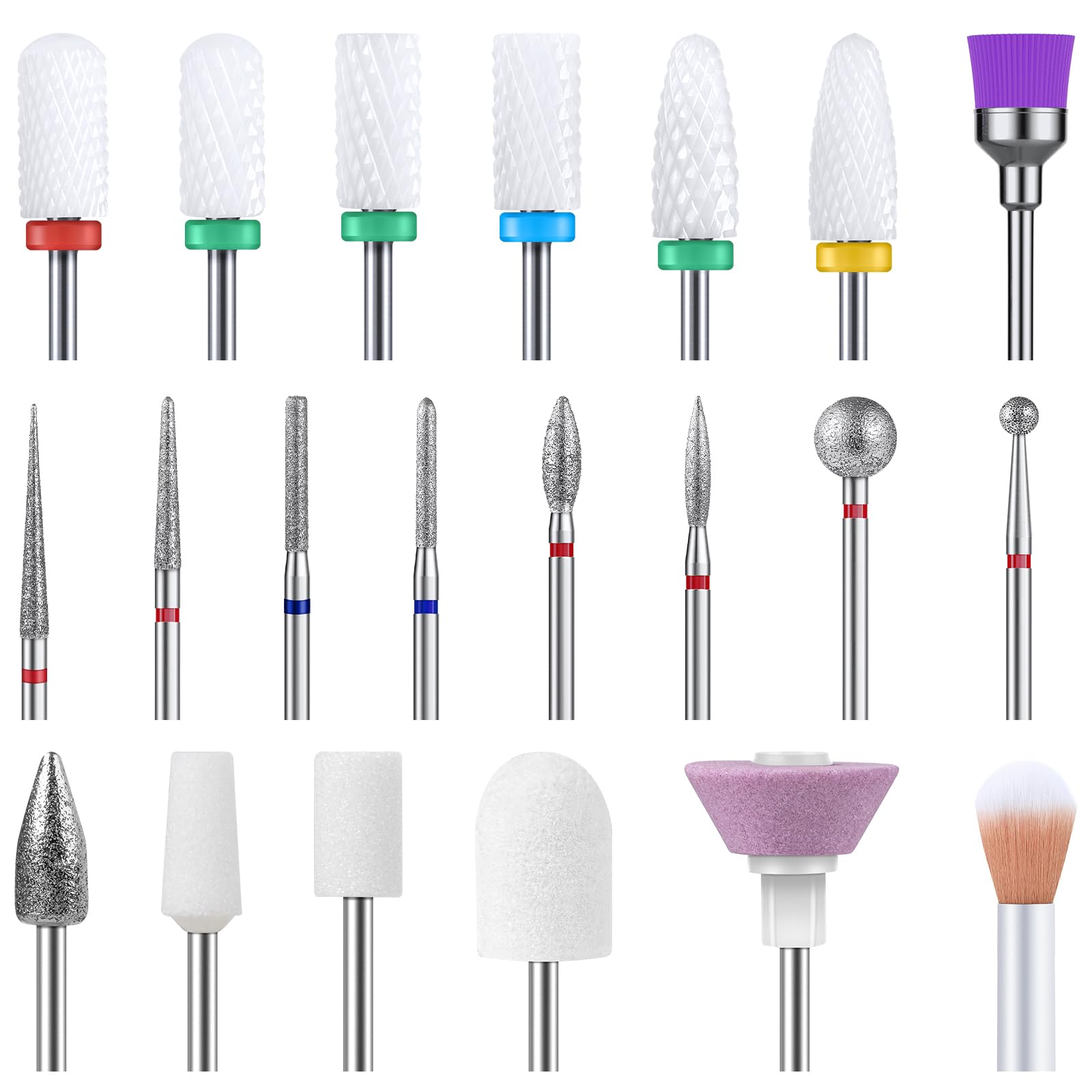 MelodySusie 21pcs Nail Drill Bit Set, Professional 3/32'' Ceramic Diamond Carbide Acrylic Gel Nail Art Tool Kit, Cuticle Remover Bit for Acrylic Gel Dip Powder, Nail Manicure Pedicure, Salon Home