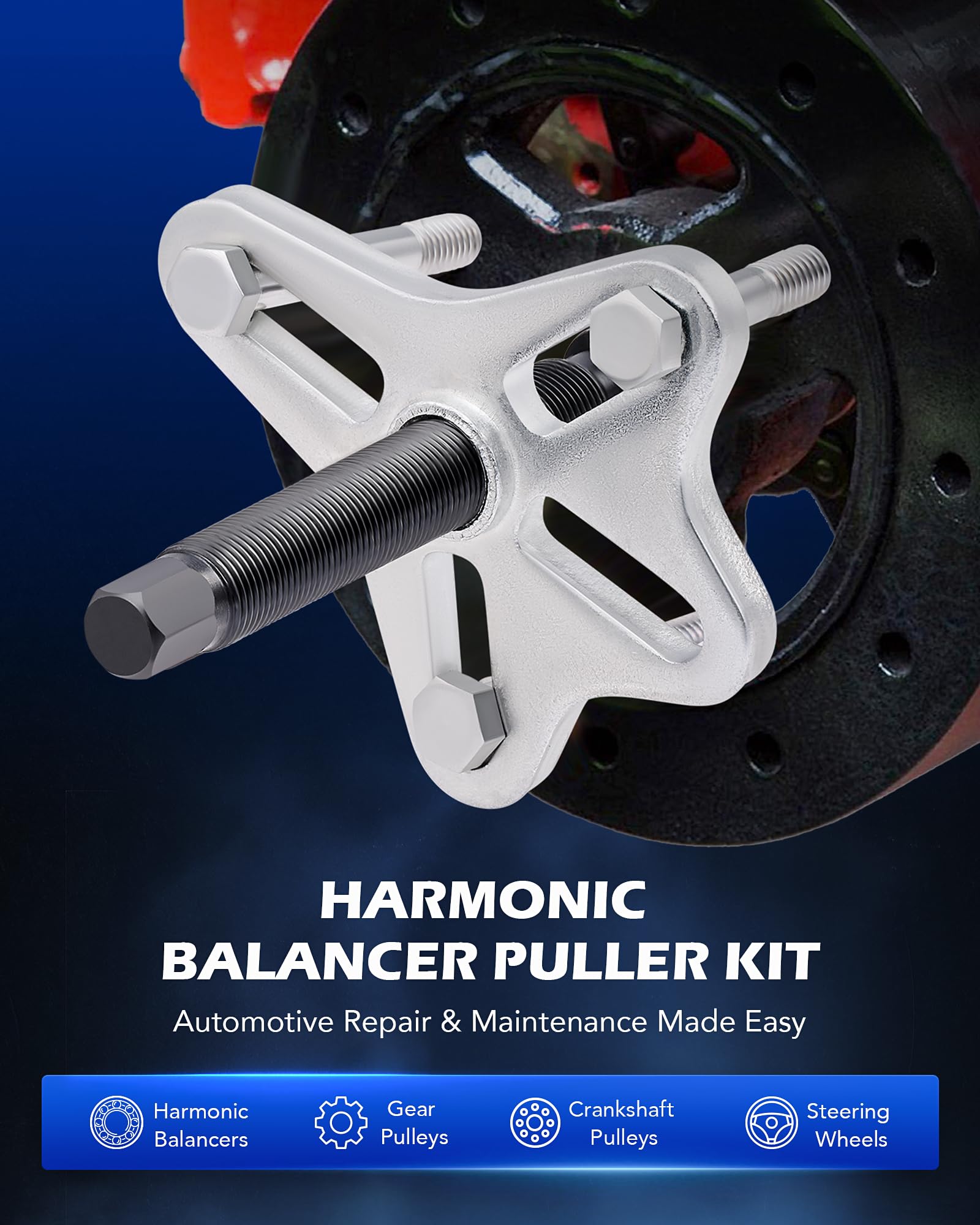Orion Motor Tech Harmonic Balancer Puller Kit, Power Steering Pulley Puller Installer Tool Set, Automotive Steering Wheel Puller Tool Kit, Flange Type Gear and Crank Puller Set
