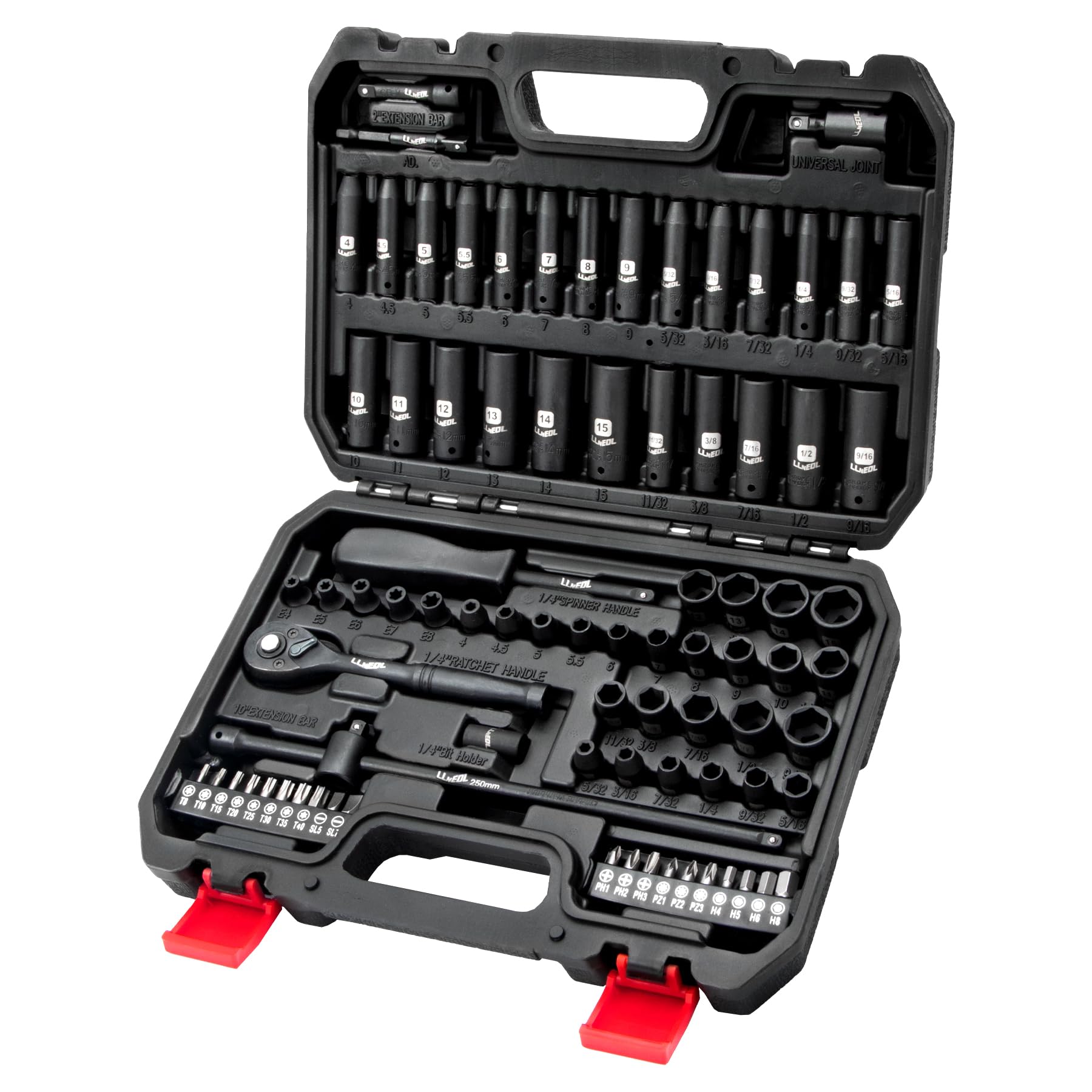 LLNEDL 1/4 Inch Drive Impact Socket Set, 83Pcs Socket Wrench Set Metric & SAE from 4-15mm, 5/32-9/16", 6 Point CR-V Deep & Shallow Sockets Kit with 72T Ratchet Handle, E Torx, for Automotive & Home