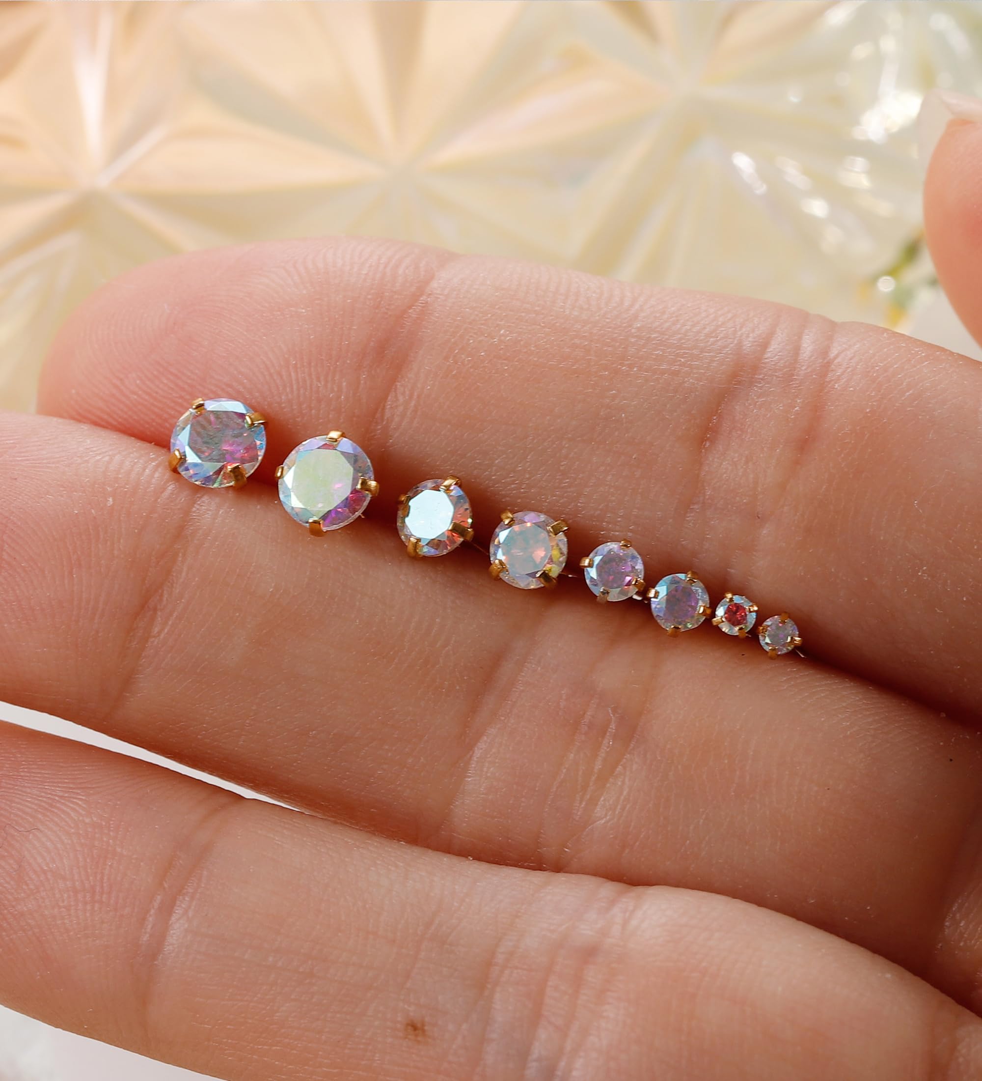 Enticera 4Pairs AB CZ Earrings Studs 14K Gold Flat Back Cubic Zirconia Earrings for Helix Cartilage Piercing Hypoallergenic Screw Back Nap Earrings Handmade Earrings for Women Multiple Piercin Gold2-5