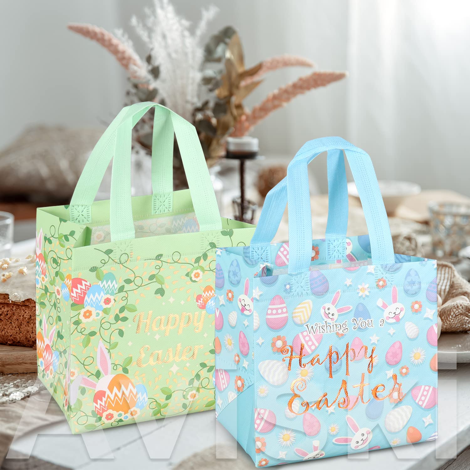 Aviski 6PCS Happy Easter Egg Hunt Bags Bunny Carrot Chick Egg Gift Bag with Handles, Easter Treat Bags, Non-Woven Gifts Wrapping, Spring Party Supplies