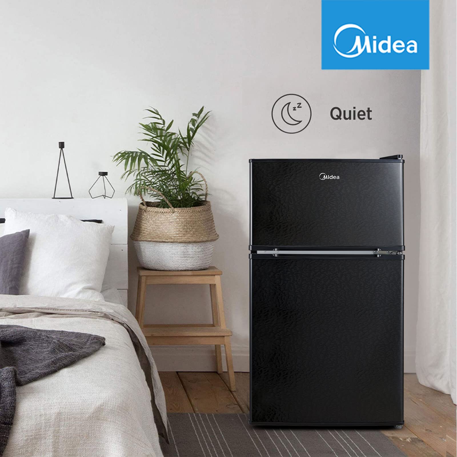 Midea WHD-113FB1 Double Door Mini Fridge with Freezer for Bedroom Office or Dorm with Adjustable Remove Glass Shelves Compact Refrigerator, 3.1 cu ft, Black