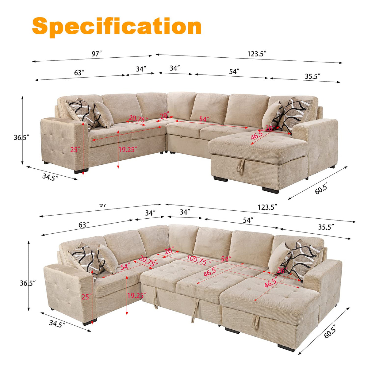 THSUPER Sectional Sleeper Sofa with Pull Out Bed and Storage Chaise, U Shape Sectional Sofa Bed, Oversized Sectional Sleeper Couch for Living Room Beige