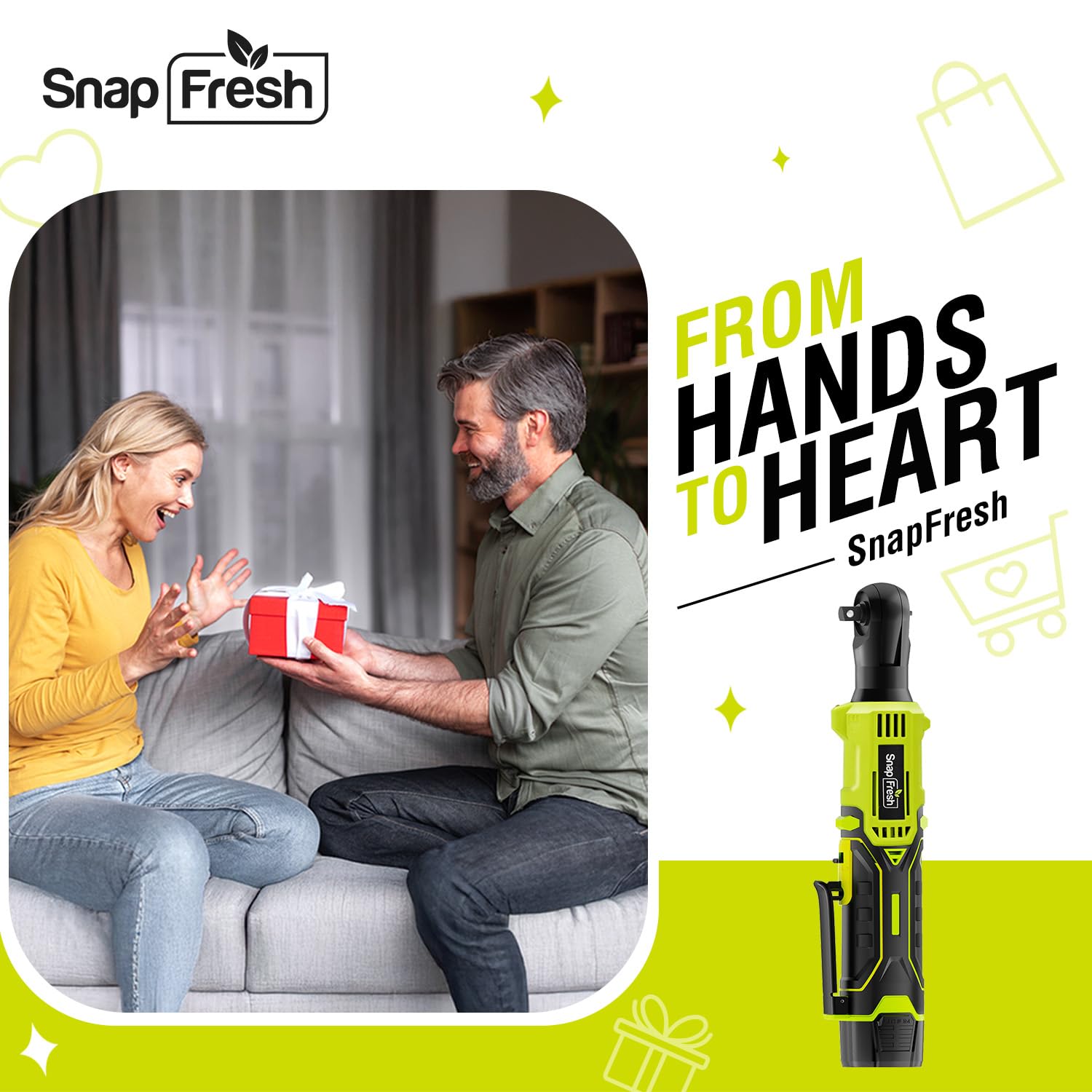 SnapFresh Cordless Electric Ratchet Wrench – 55 ft-lbs Torque, 12V Sub-Compact 3/8" Drive Power Tool with Variable Speed, 9 Sockets, 1/4" Adapter, (2×2.0Ah Batteries & Fast Charger)