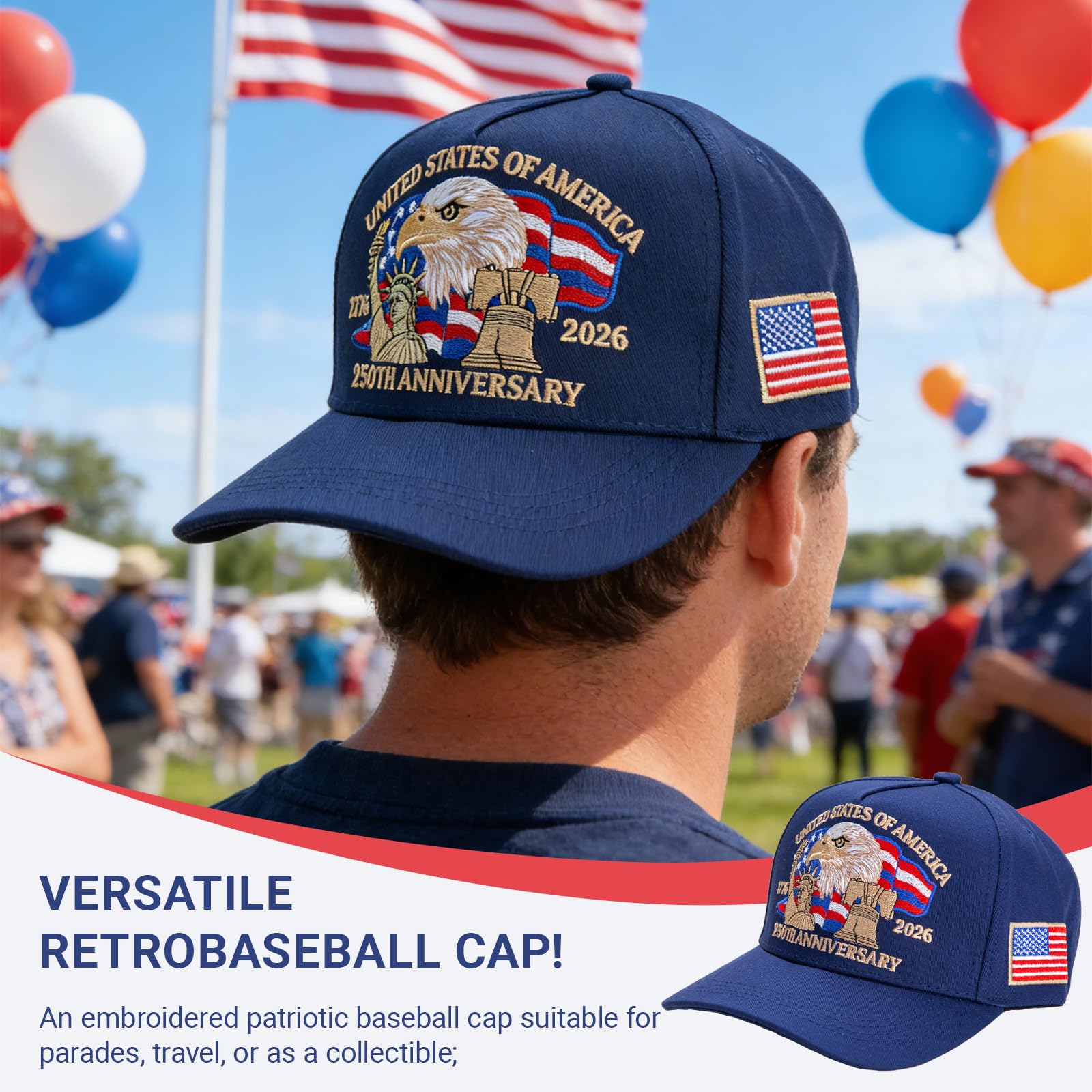 250 Anniversary USA Hat - Retro Embroidered 250th Anniversary Patriotic Adjustable Baseball Cap for Men and Women (B)