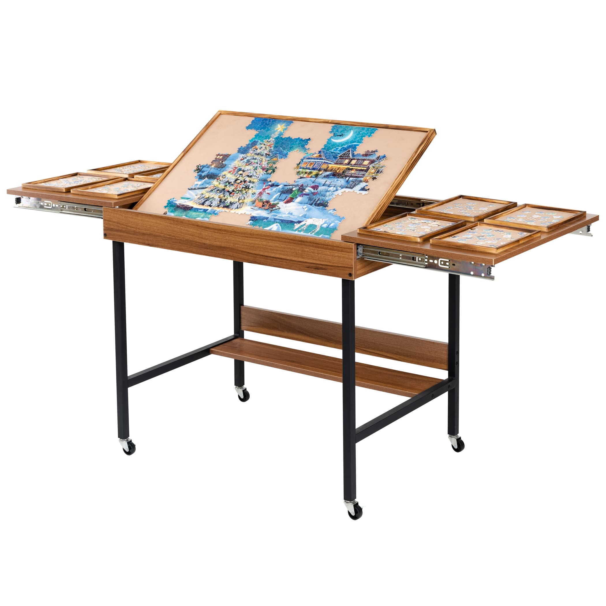 Becko US Foldaway Adjustable Puzzle Table With 8 Sorting Trays, Tilting Puzzle Board with Drawers, Universal Casters for Moves, Under Table Rack for Storage, 30*20.1 in for Puzzles Up to 1000 Pieces