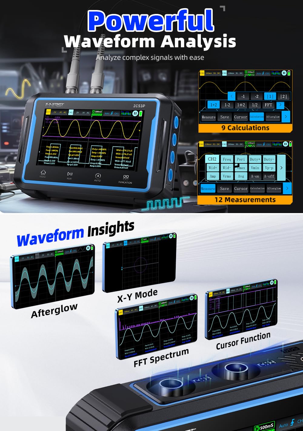 【2C53P Plus Upgraded with Carrying CASE】3in1 Oscilloscope/Multimeter/DDS Signal Generator Tablet Touch Screen Portable Digital Automotive Oscilloscope 2 Channel 50MHz Bandwidth 250Ms/S Counts