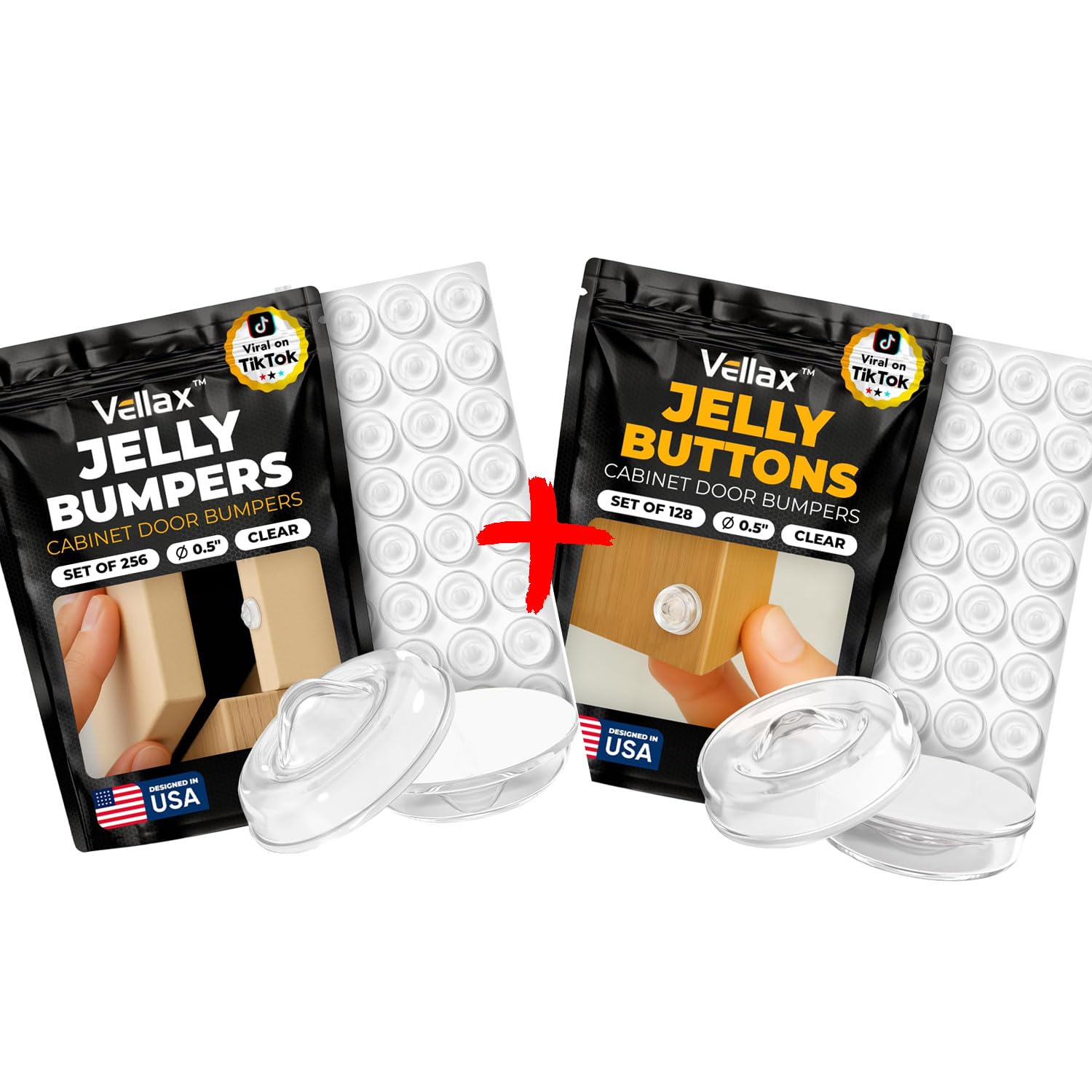Vellax 256 Clear Silicone Bumper Pads & 128 Self Adhesive Cabinet Door Bumpers - Self-Adhesive Sound Dampening Stops with Jelly Button Shape Design for Cabinet Doors, Drawers