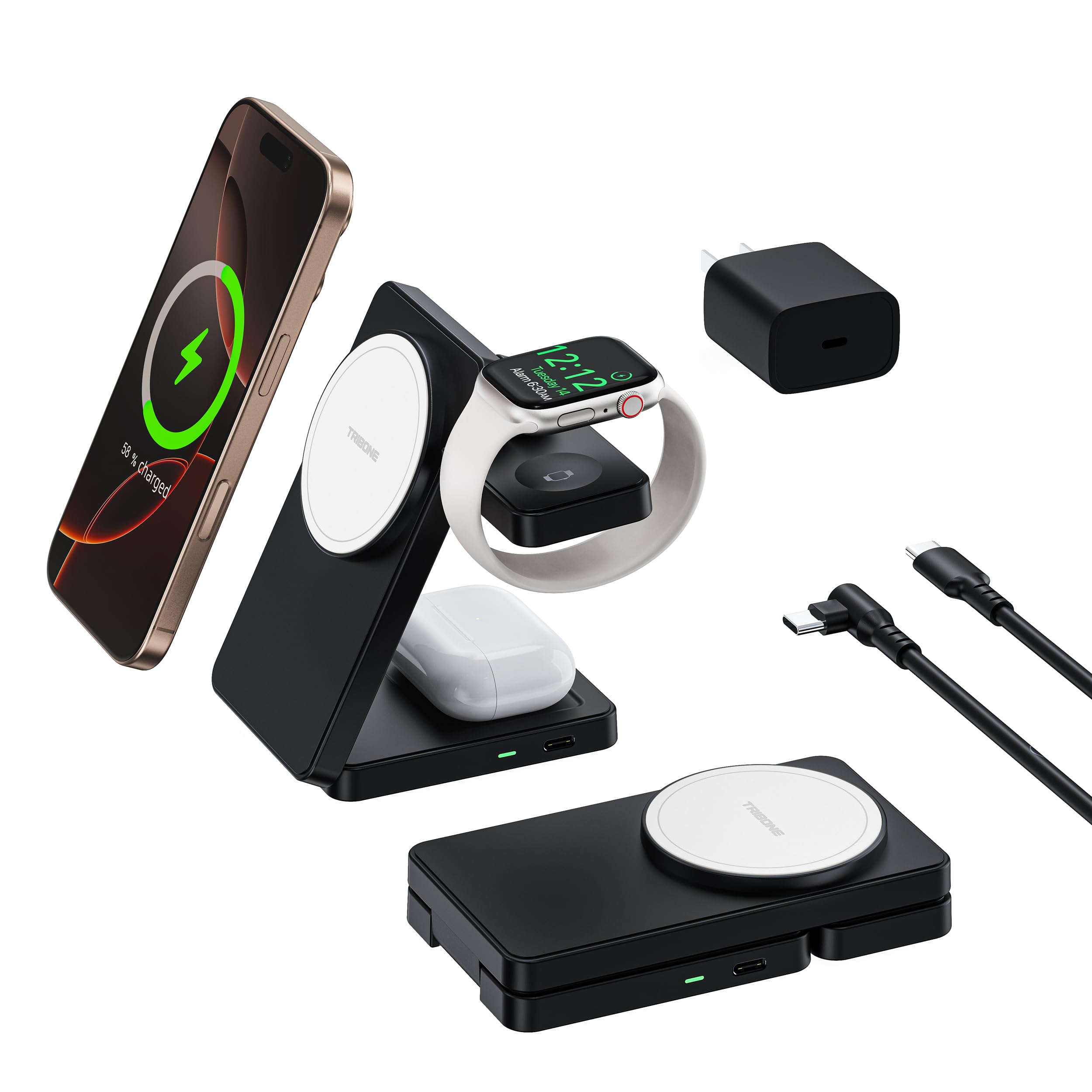 3 in 1 Charging Station for iPhone 16 15 14 13 12, 11 X 8 Series (with MagSafe Case), Wireless Charger for Apple Watch,Travel Magnetic Charging Stand for AirPods (Black-White)