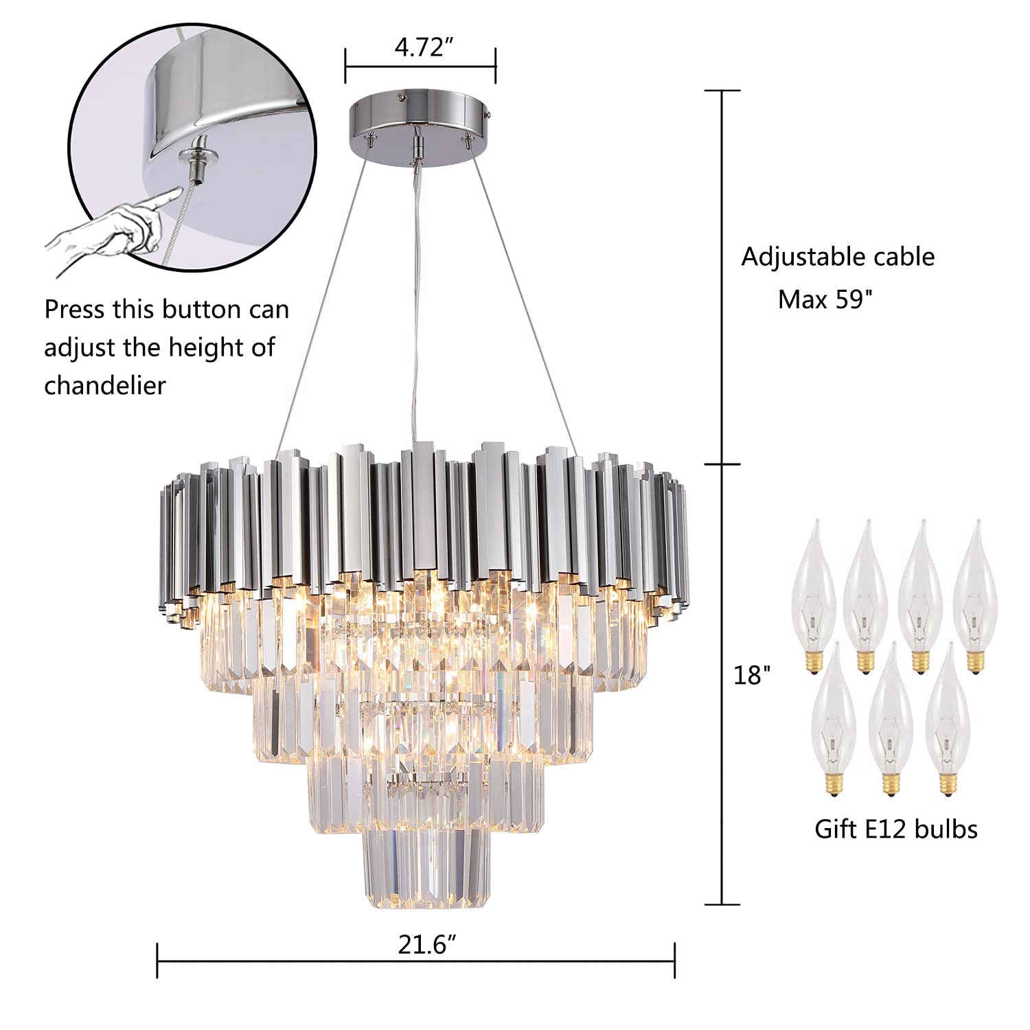 Akeelighting Chrome Crystal Chandelier Modern Dining Room Chandelier Lighting 7 Lights Ceiling Hanging Pendant Light Fixture 4-Tier Contemporary Chandelier for Bedroom Round 21.6"