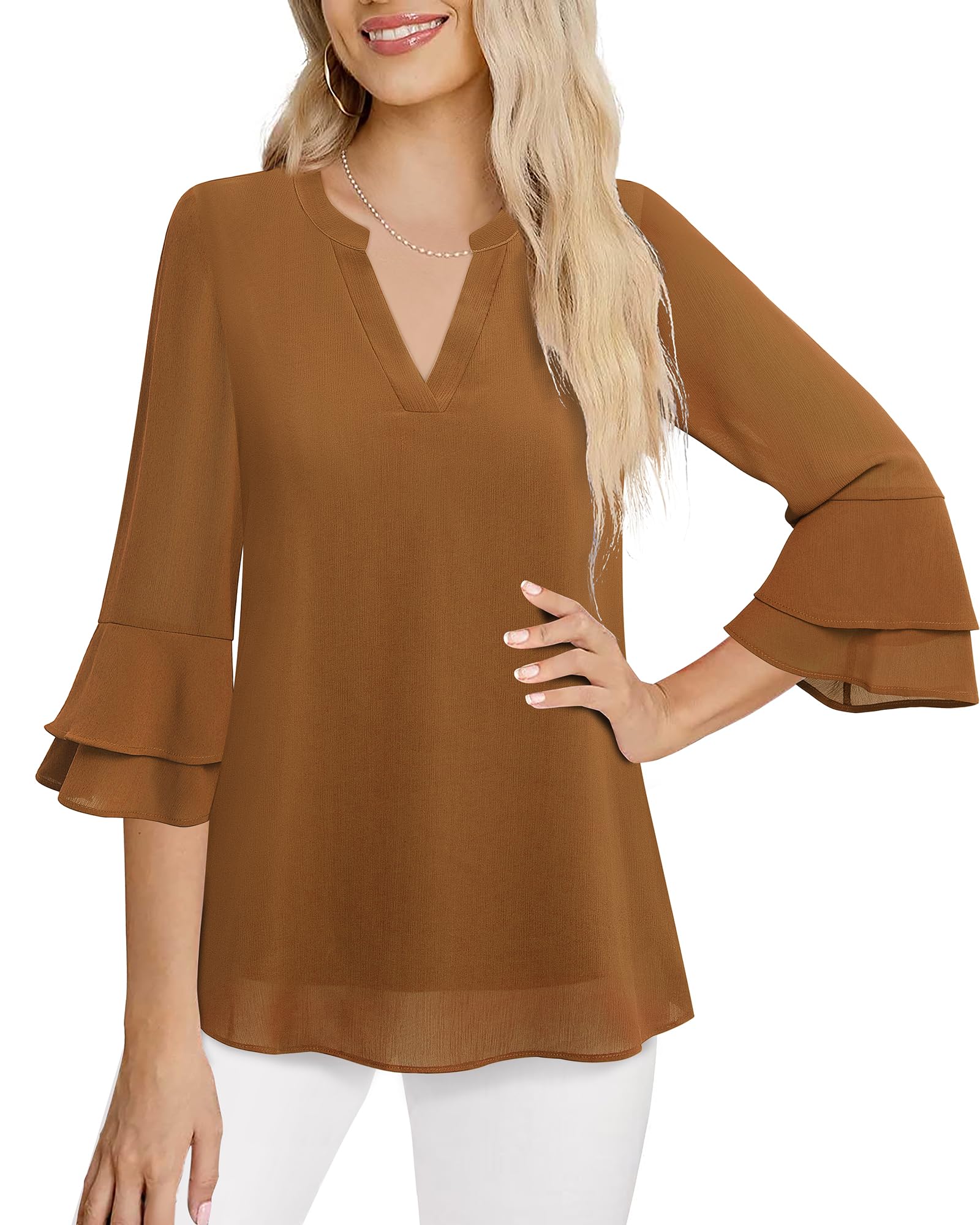 Lotusmile Work Tops for Women Business Casual, 3/4 Bell Sleeve Office Tops for Women Notch V Neck Double Layered Tunic Shirt Dressy Blouses Elegant (Marmalade, XL)