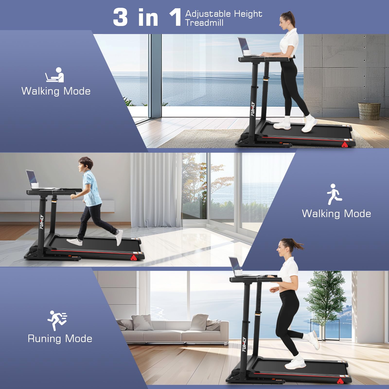 Treadmill with Desk Workstation & Adjustable Height, 350 LBS Weight Capacity, Folding Treadmill with 3 Level Incline, Bluetooth Speaker & App, Portable 3.5HP Walking Pad with Desktop for Home Office