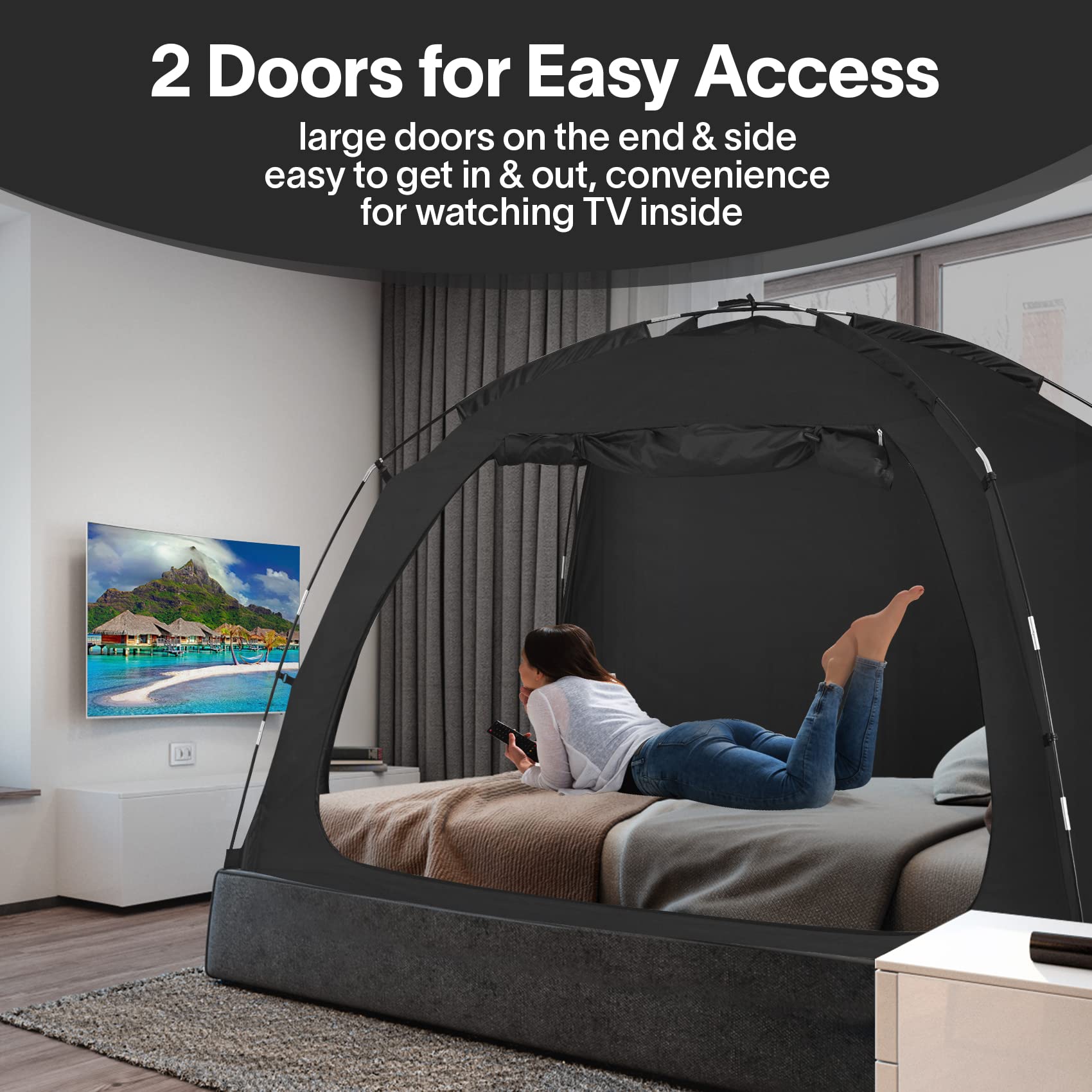 EighteenTek Bed Tent Twin Size Bed Canopy, Light Reducing Sleeping Tent Lightweight Portable Indoor Tent Breathable Privacy Space on Bed with 2 Doors for Adults Kids Autism (Twin, Black)